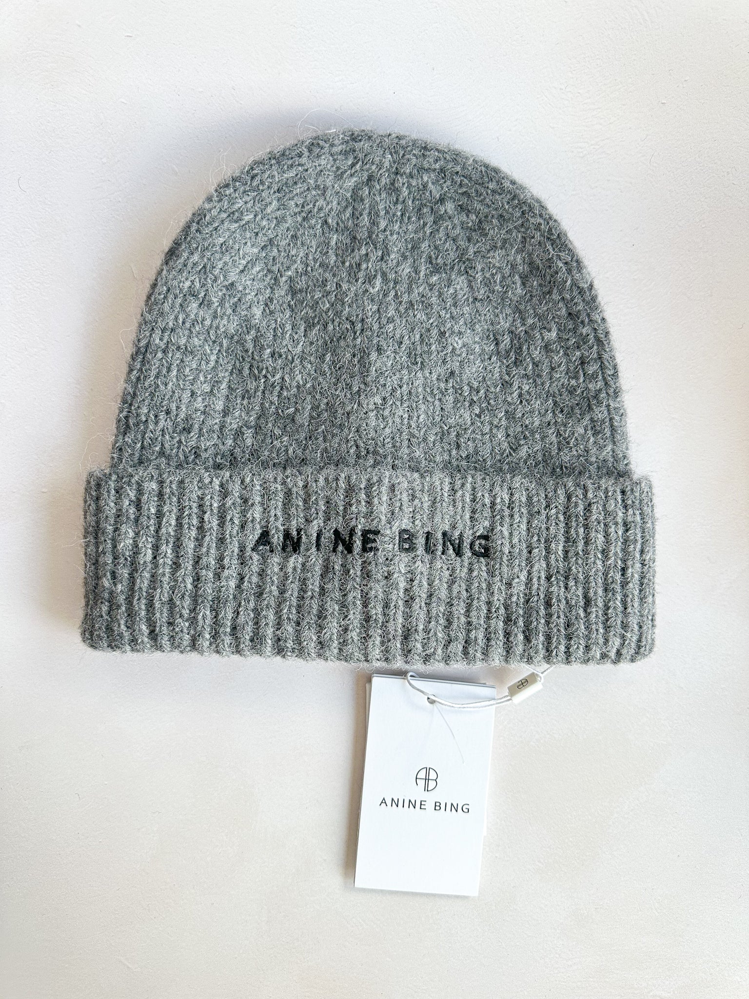 Anine Bing Elia Logo Embroidered Alpaca Wool Blend Ribbed Grey Beanie Hat