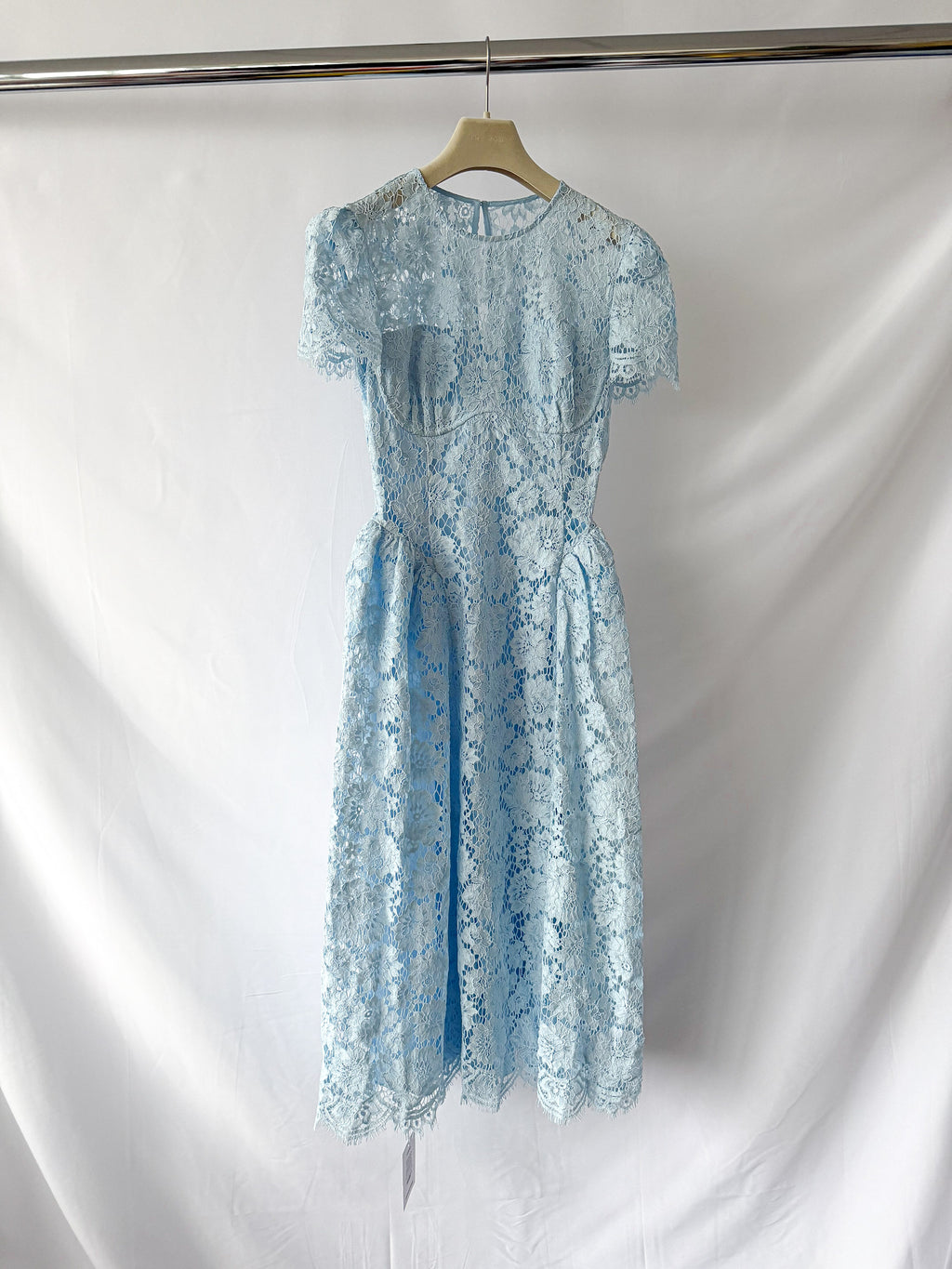 Self-Portrait x Disney Blue Floral-Lace Short-Sleeves Woven Midi Dress