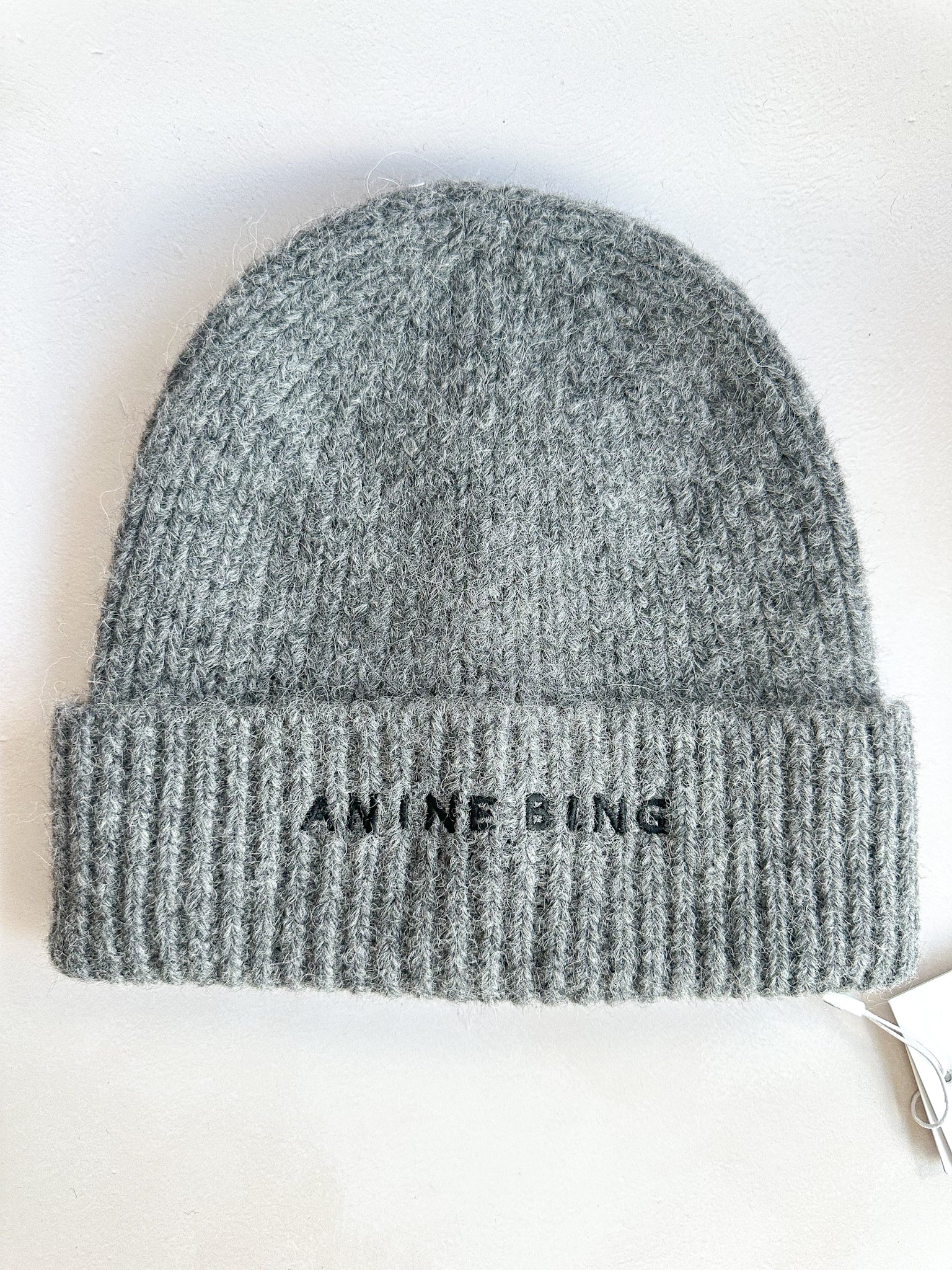 Anine Bing Elia Logo Embroidered Alpaca Wool Blend Ribbed Grey Beanie Hat