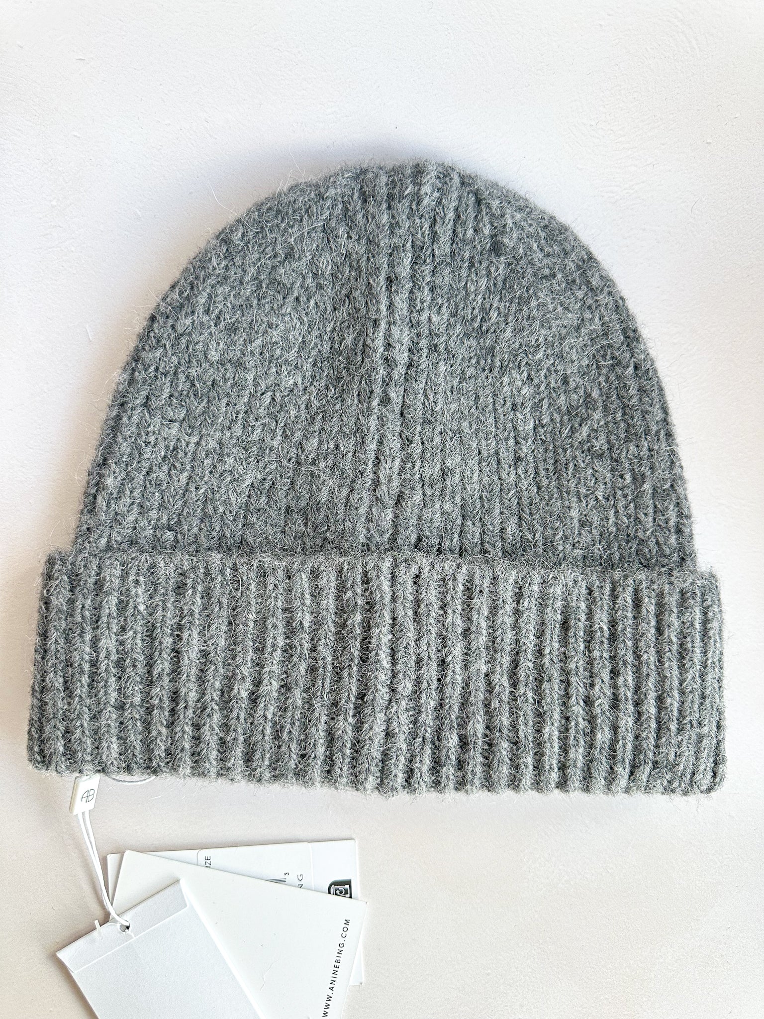 Anine Bing Elia Logo Embroidered Alpaca Wool Blend Ribbed Grey Beanie Hat