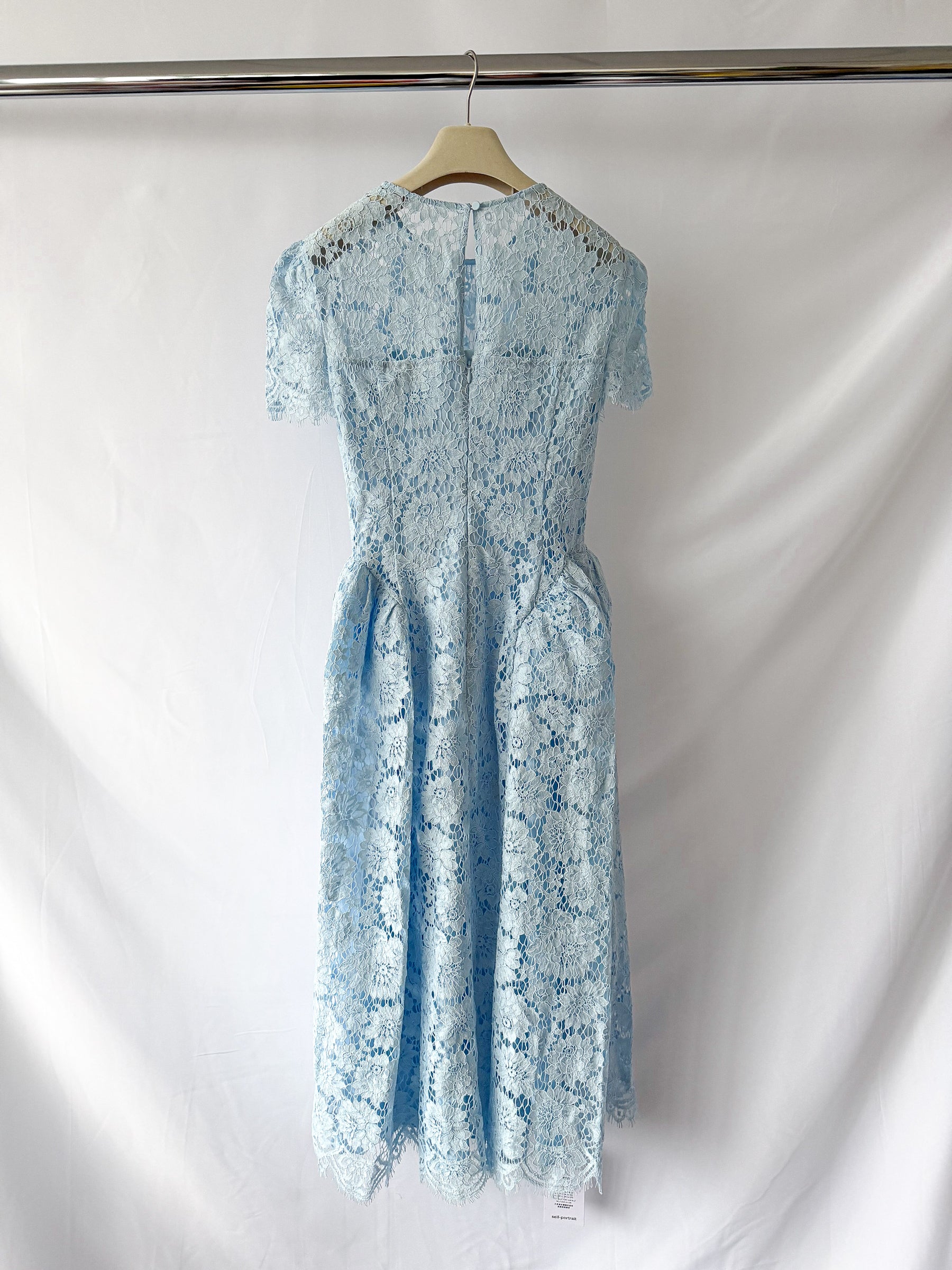 Self-Portrait x Disney Blue Floral-Lace Short-Sleeves Woven Midi Dress