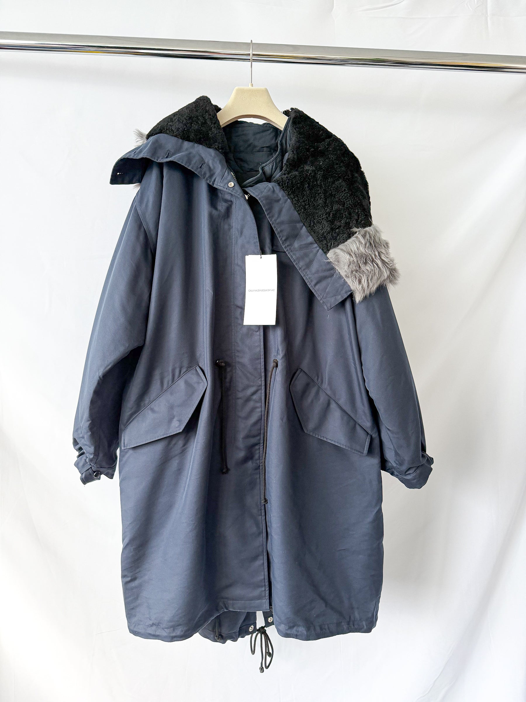 Calvin Klein 205W39NYC Raf Simons Shearling Trim Hooded Navy Parka Coat