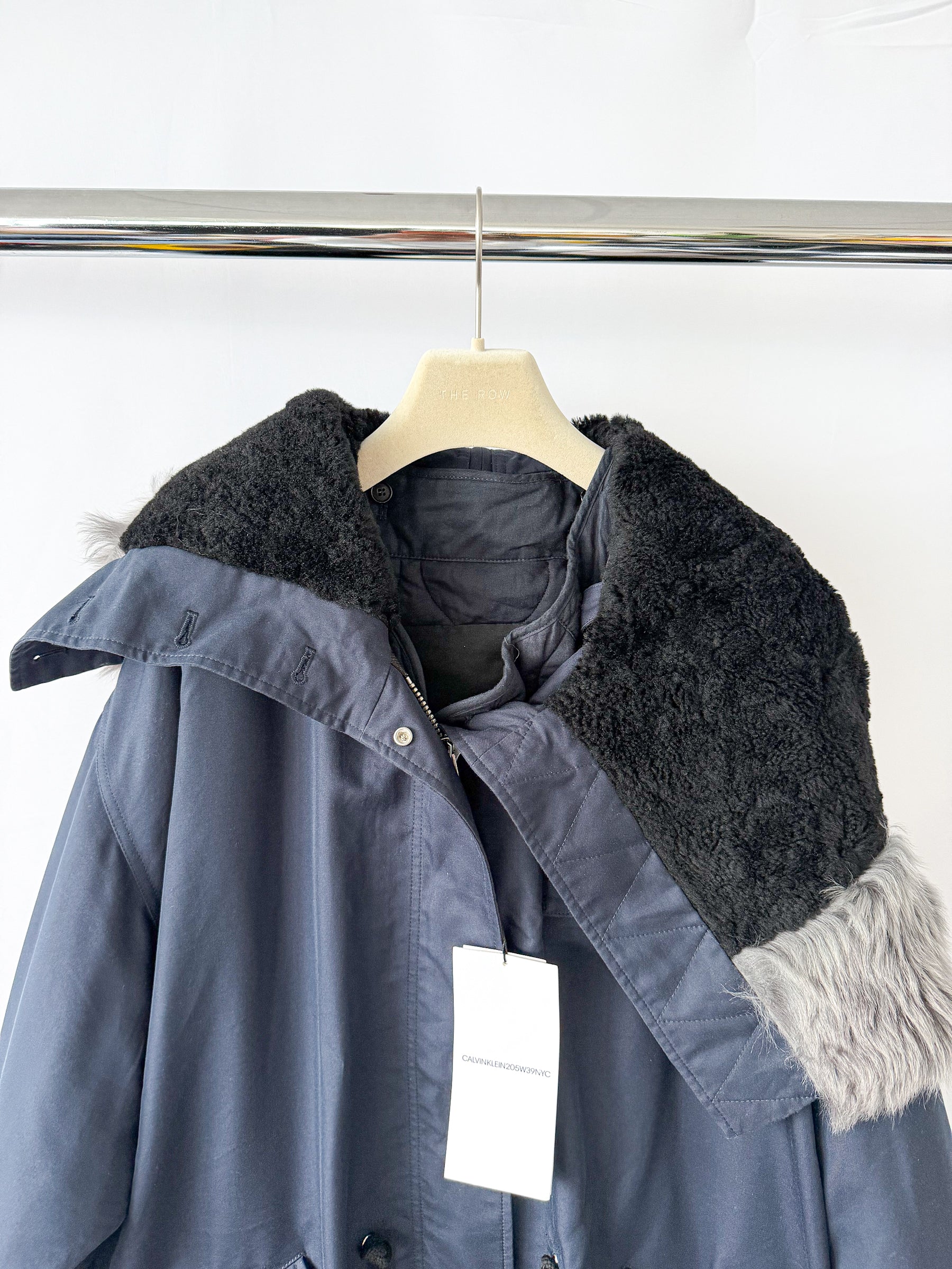 Calvin Klein 205W39NYC Raf Simons Shearling Trim Hooded Navy Parka Coat