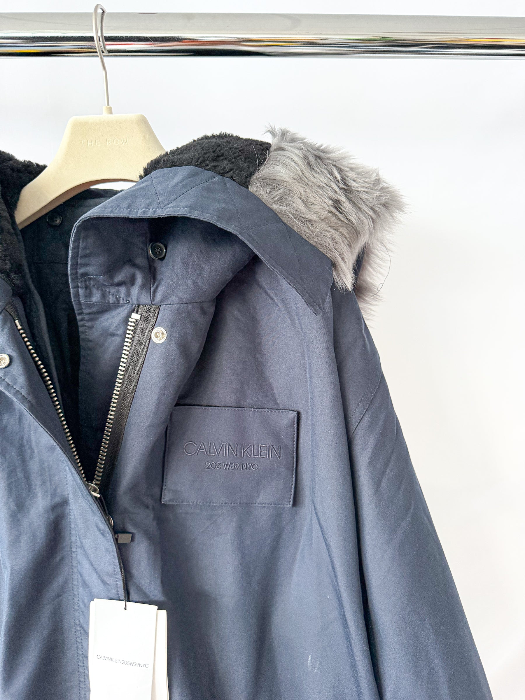 Calvin Klein 205W39NYC Raf Simons Shearling Trim Hooded Navy Parka Coat