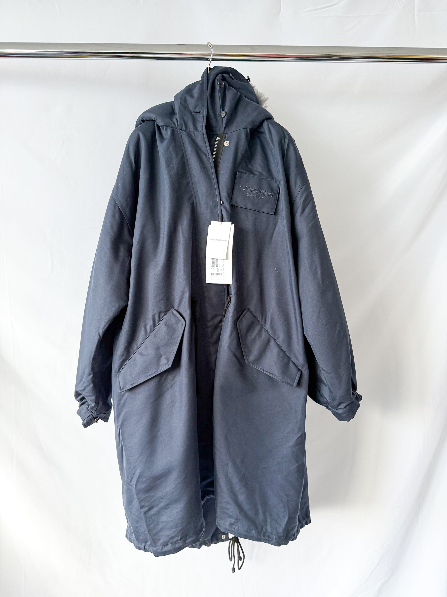 Calvin Klein 205W39NYC Raf Simons Shearling Trim Hooded Navy Parka Coat