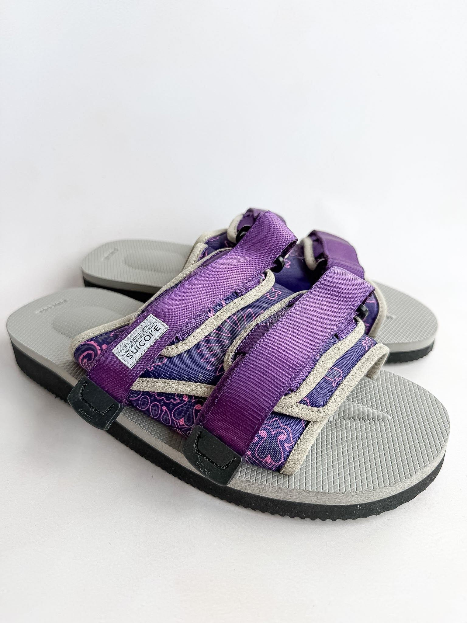 Suicoke Moto Cab Purple Paisley Sandals Sliders