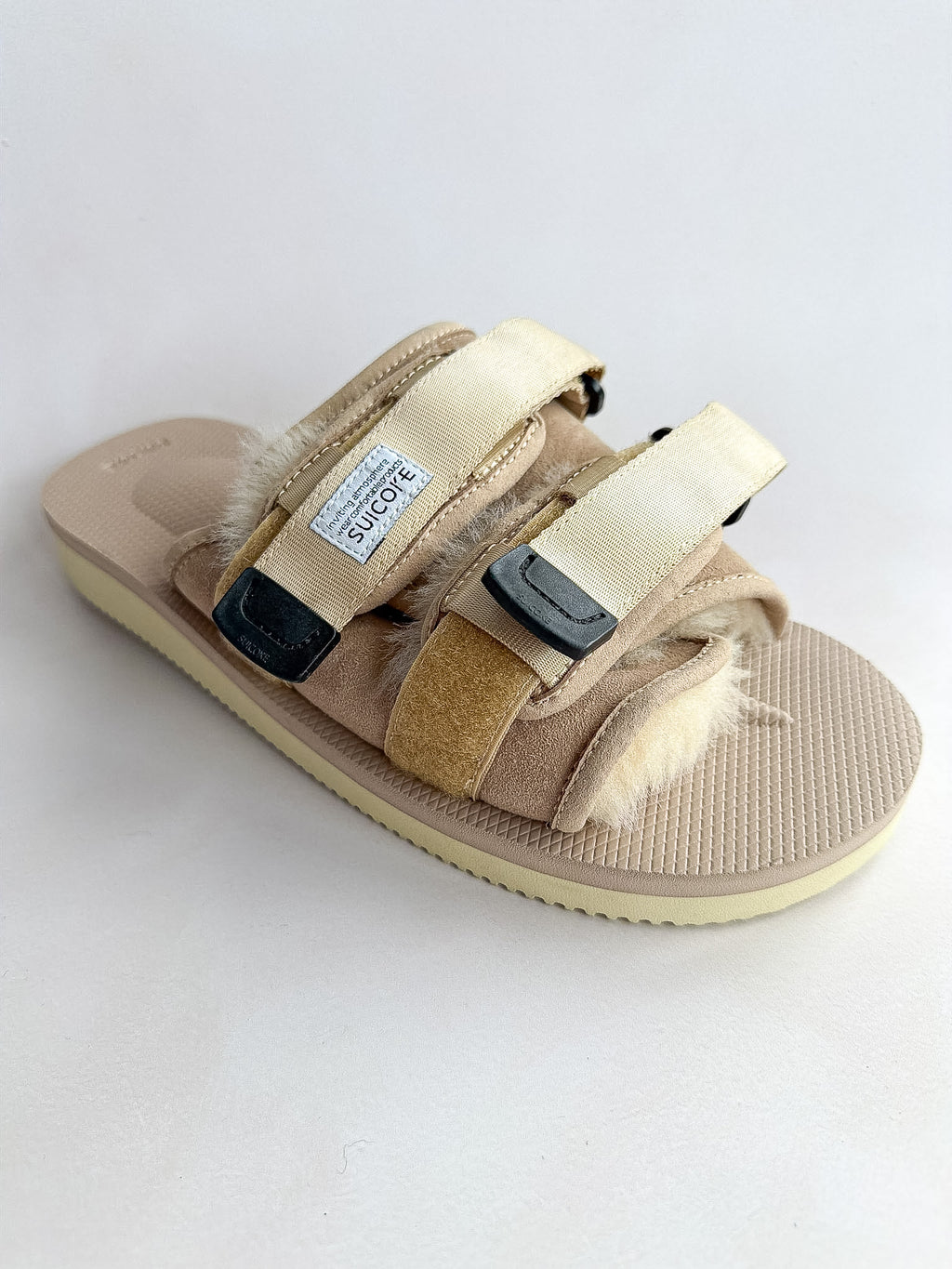 Suicoke Moto Cab Beige Shearling Sandals Sliders NO BOX