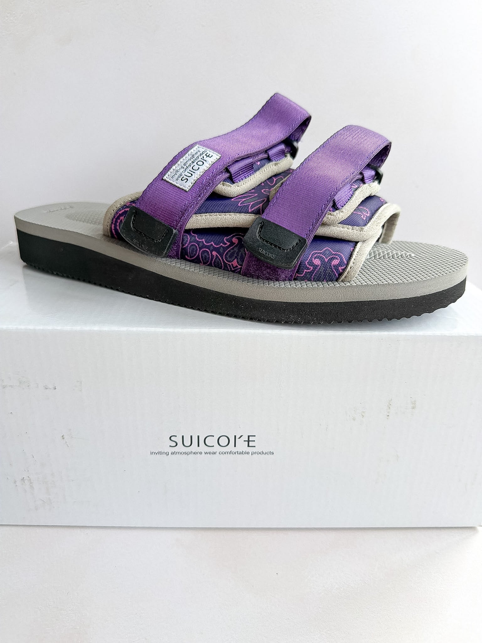 Suicoke Moto Cab Purple Paisley Sandals Sliders