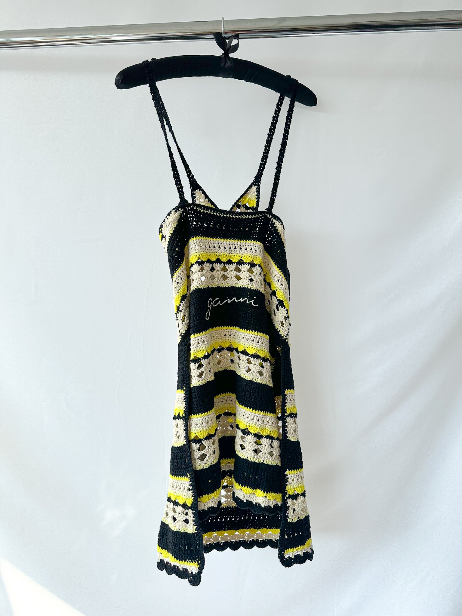 Ganni Logo Crochet Striped Strappy Mini Dress