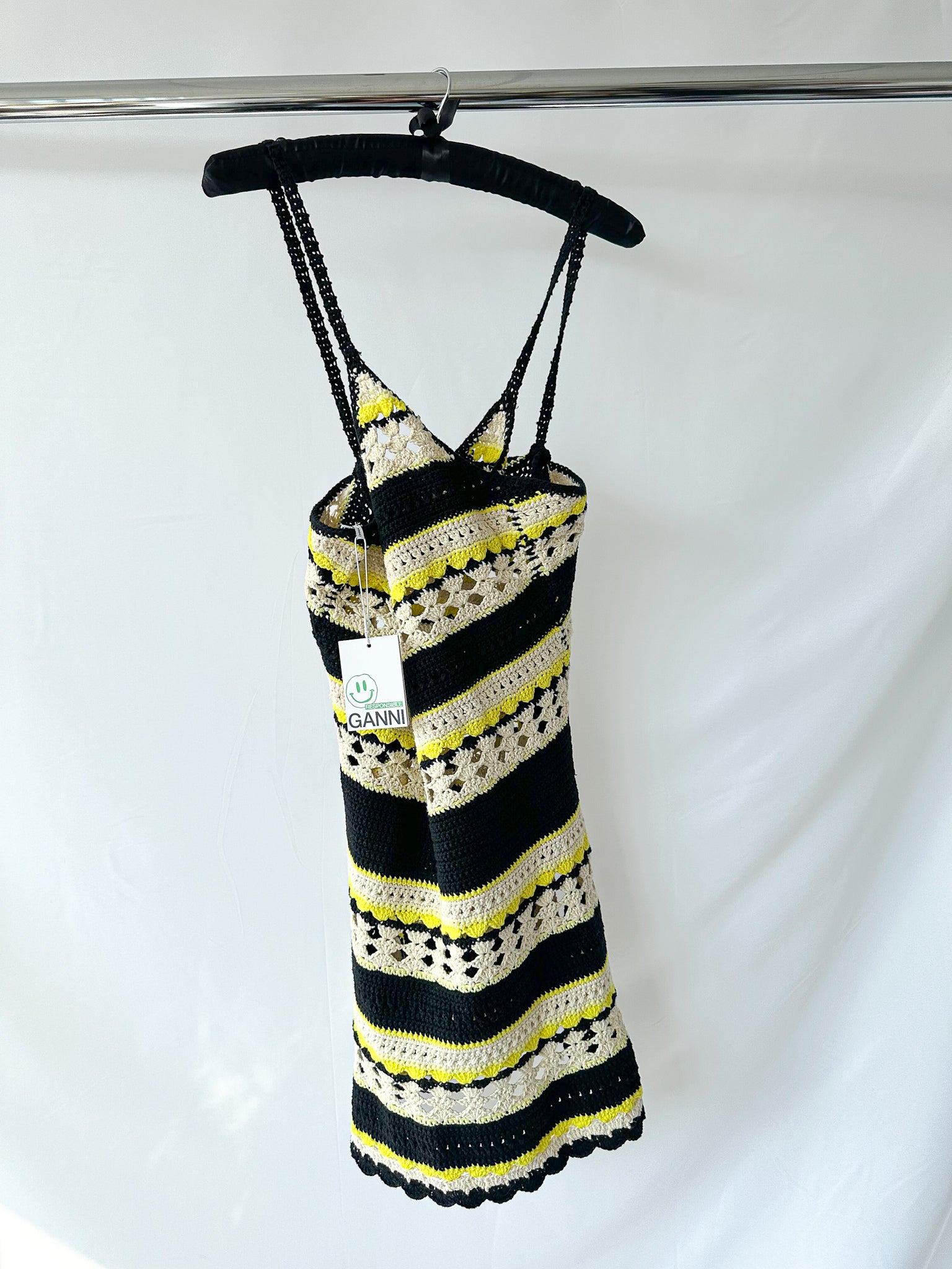 Ganni Logo Crochet Striped Strappy Mini Dress