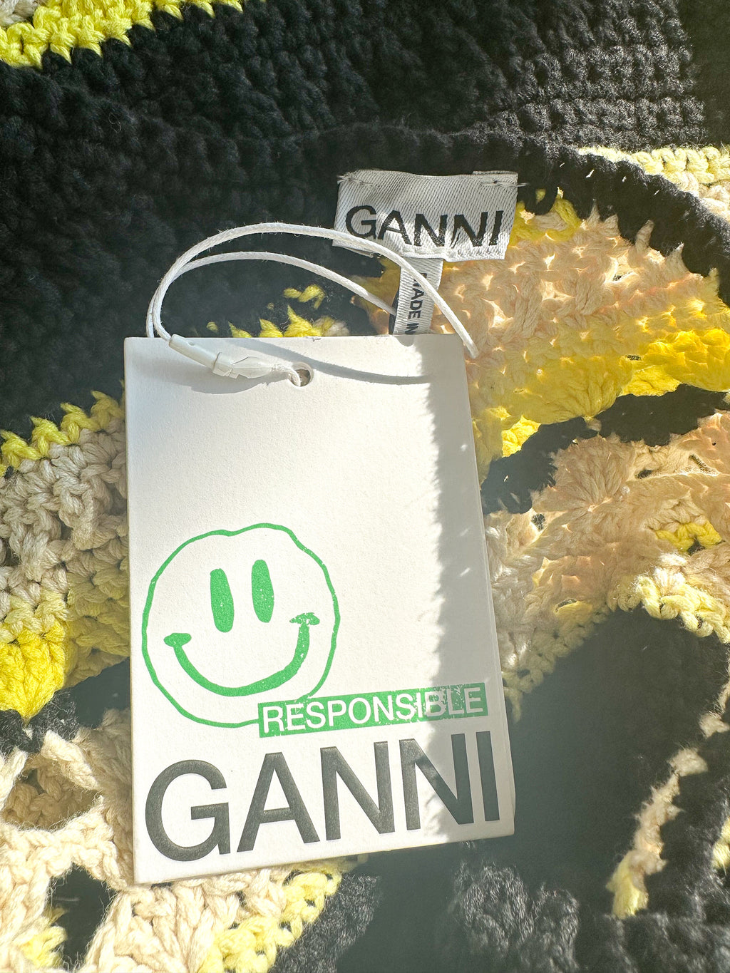 Ganni Logo Crochet Striped Strappy Mini Dress