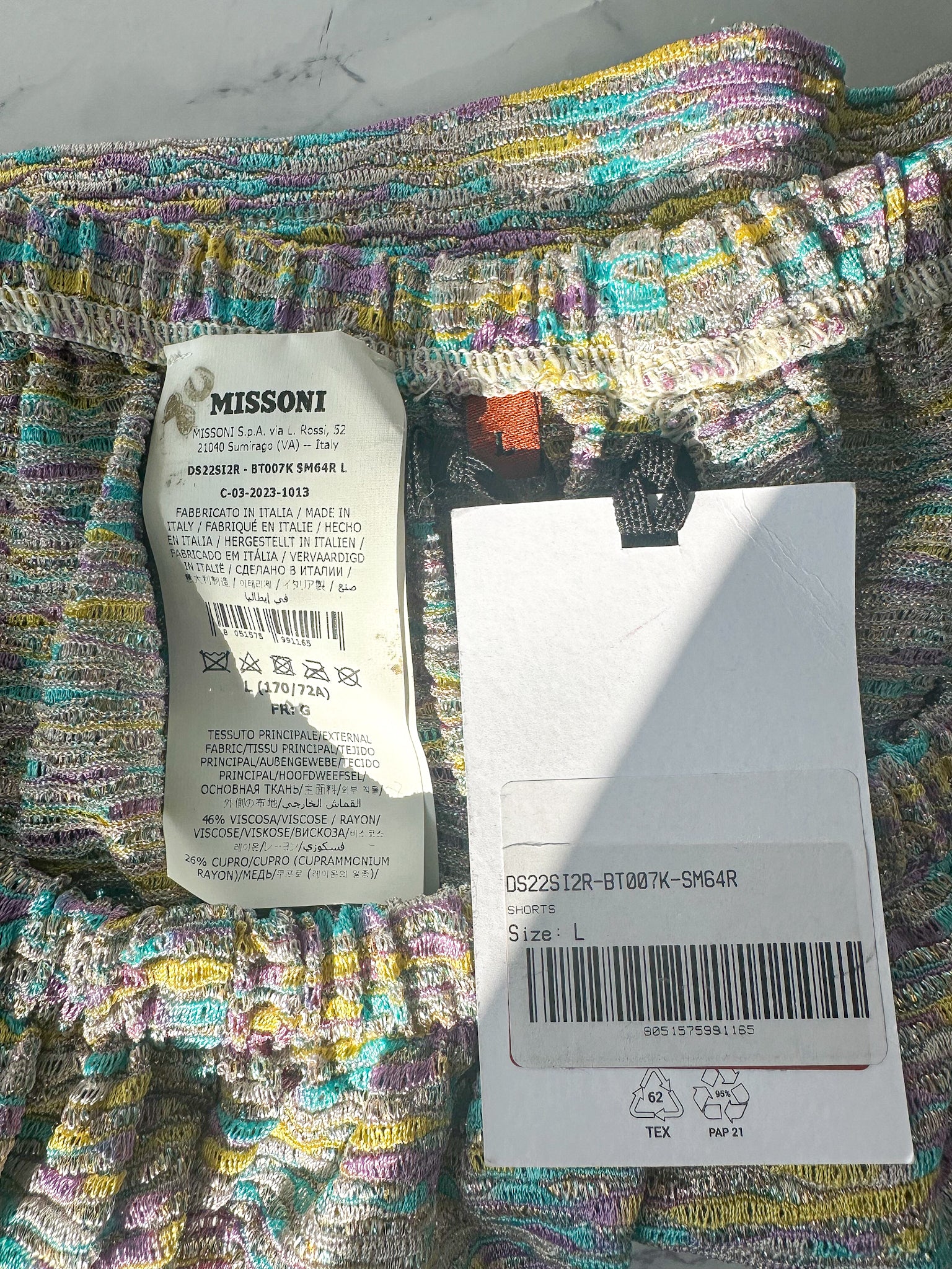 M Missoni Purple Yellow Turquoise Striped Metallic Shorts