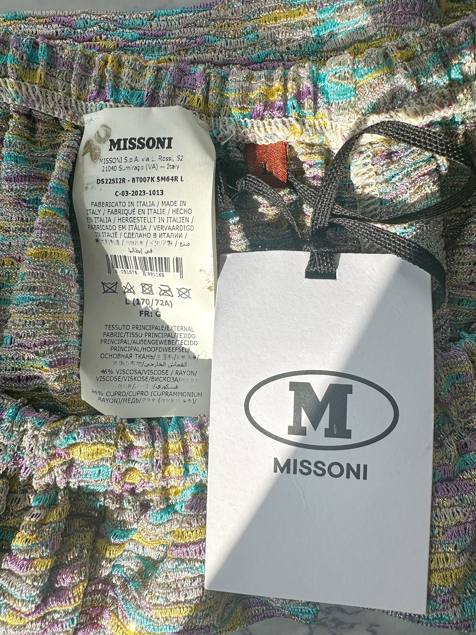 M Missoni Purple Yellow Turquoise Striped Metallic Shorts