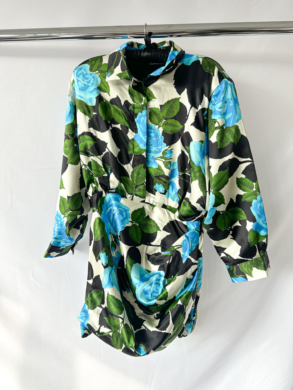 Richard Quinn Blue Floral Long Sleeve Silk Dress