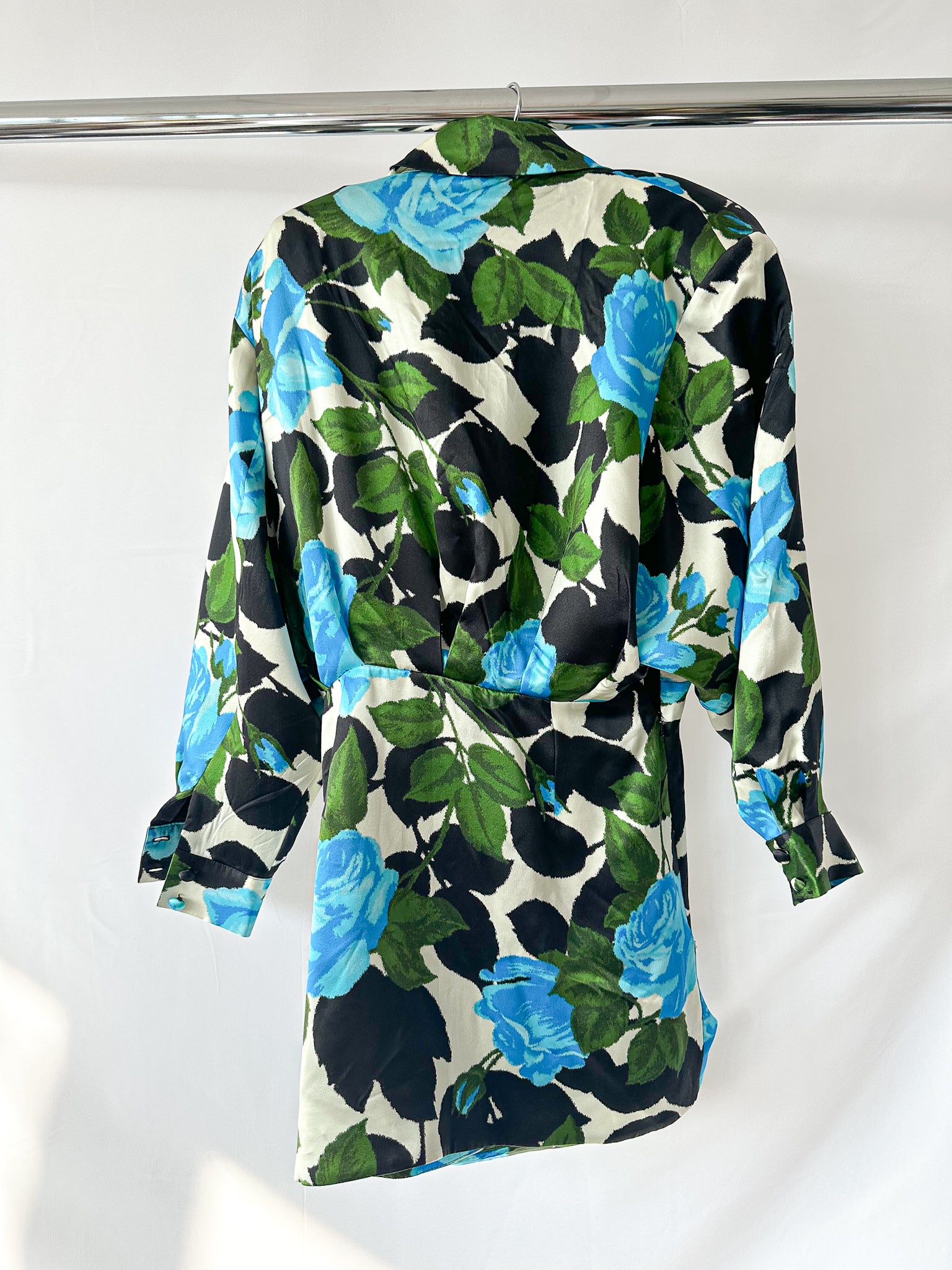 Richard Quinn Blue Floral Long Sleeve Silk Dress