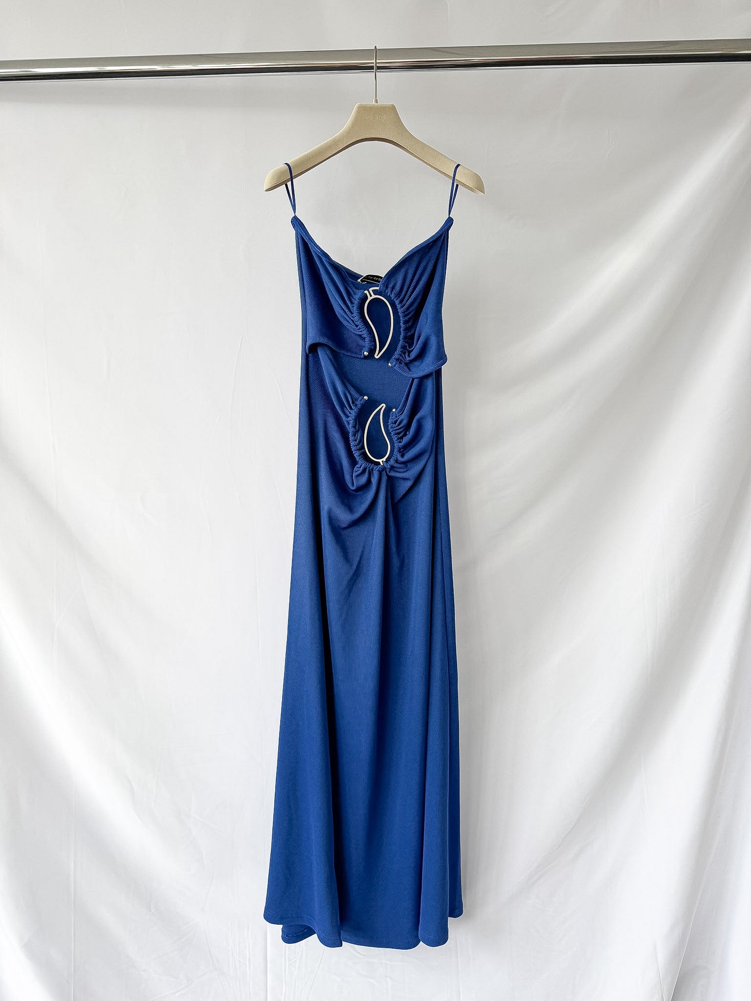 Christopher Esber Blue Paisley Metal Bar Ruched Disconnect Strapless Dress