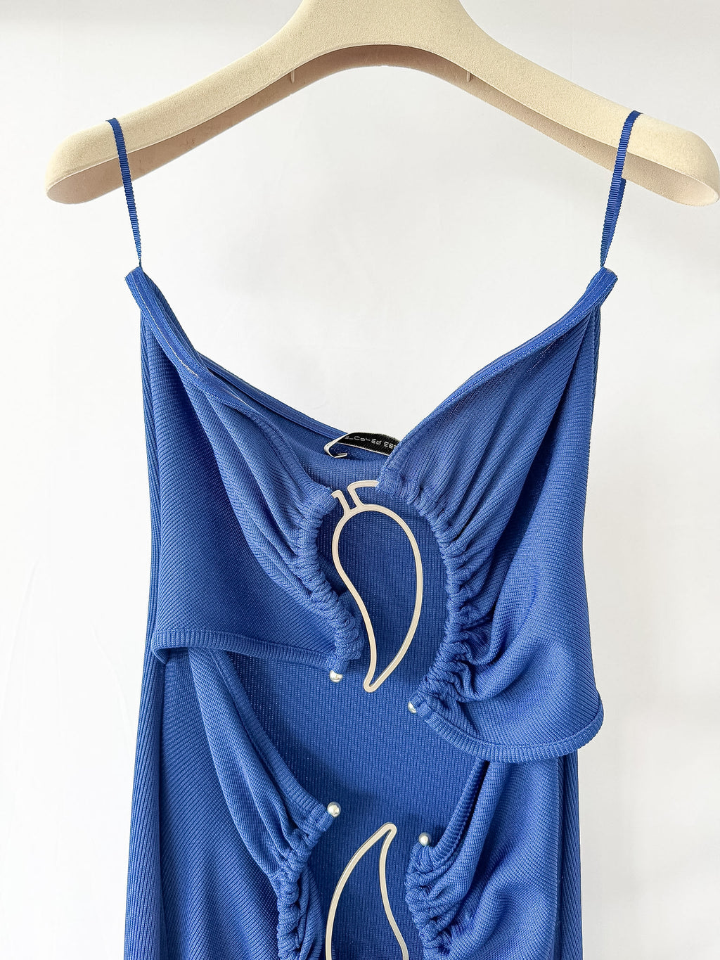 Christopher Esber Blue Paisley Metal Bar Ruched Disconnect Strapless Dress