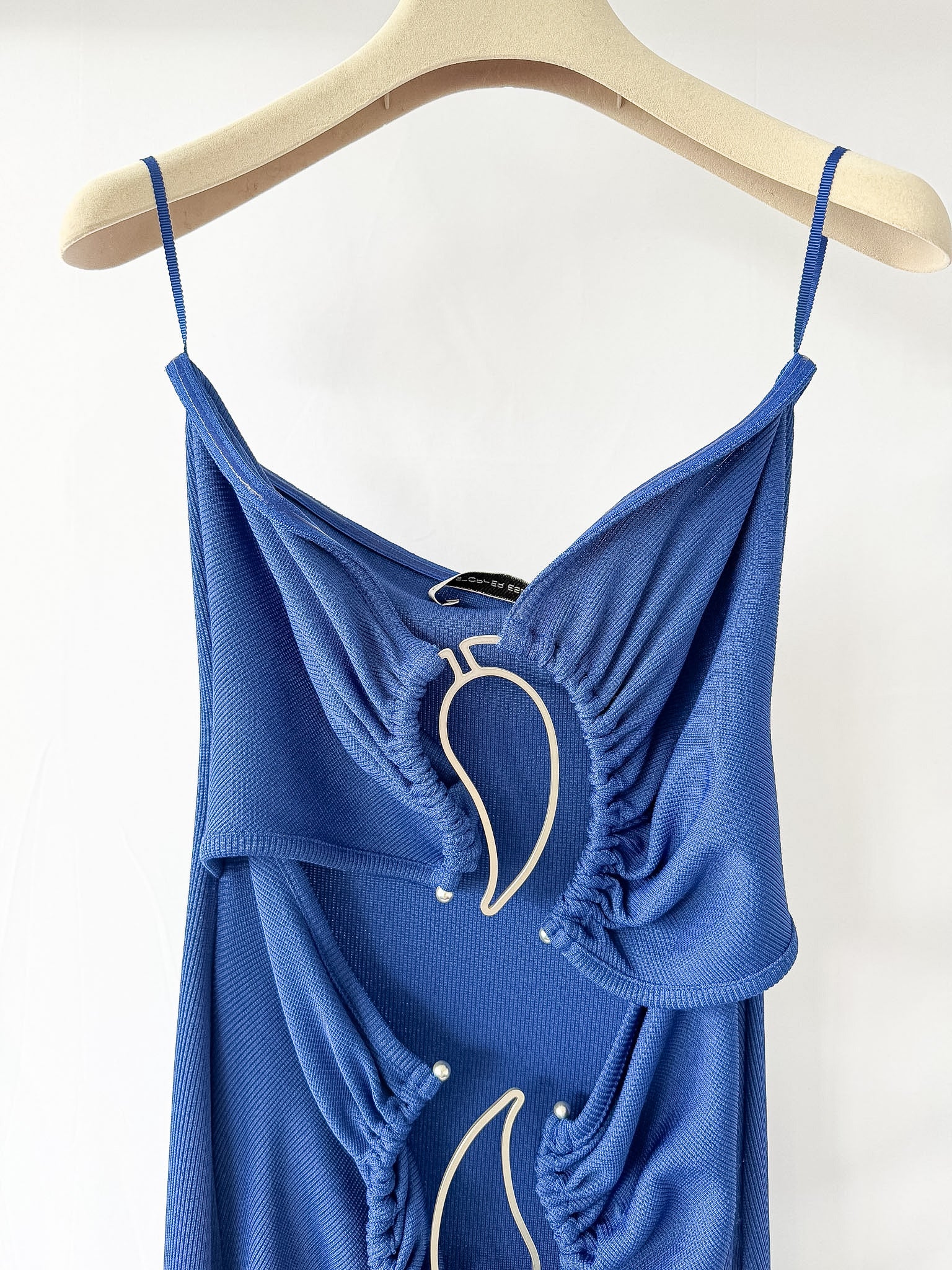 Christopher Esber Blue Paisley Metal Bar Ruched Disconnect Strapless Dress