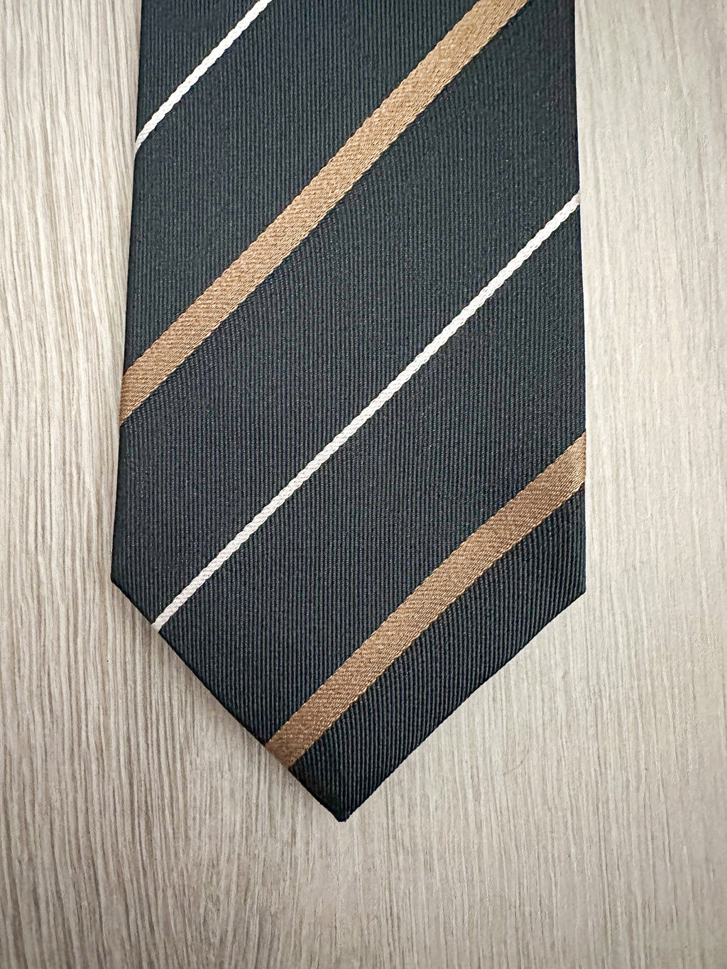 Drake's Michael J. Drake Repp Green Gold White Striped Silk Tie - House Of Huntington