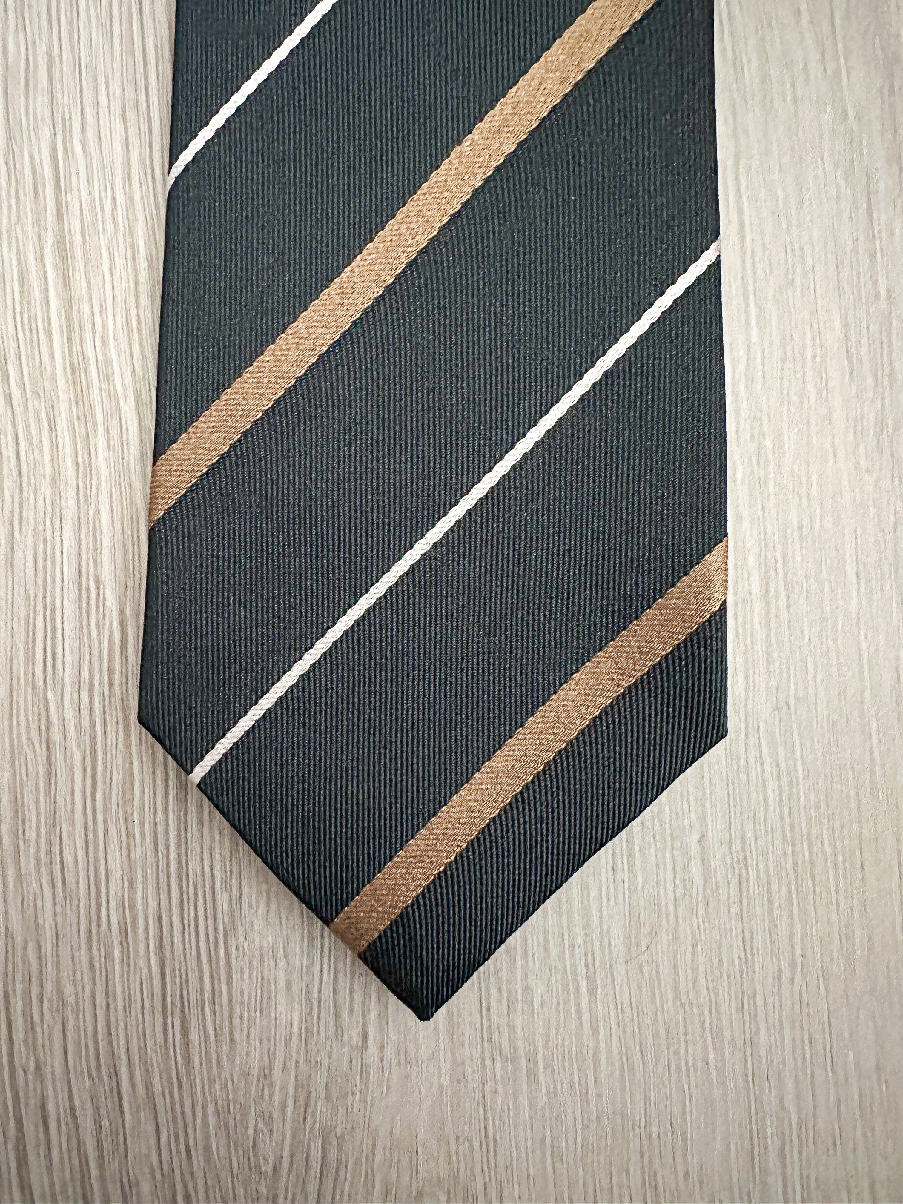 Drake's Michael J. Drake Repp Green Gold White Striped Silk Tie - House Of Huntington