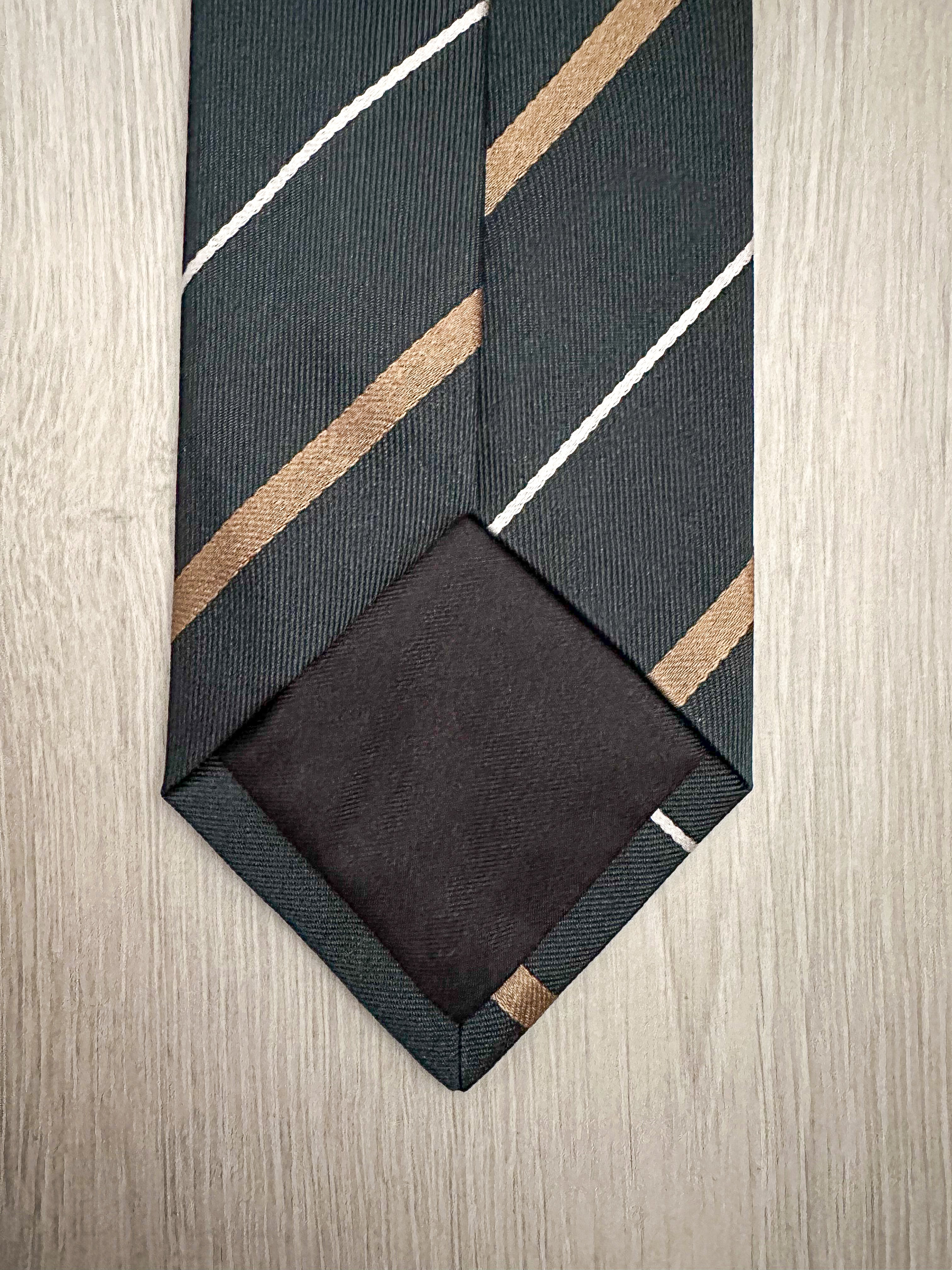 Drake's Michael J. Drake Repp Green Gold White Striped Silk Tie - House Of Huntington