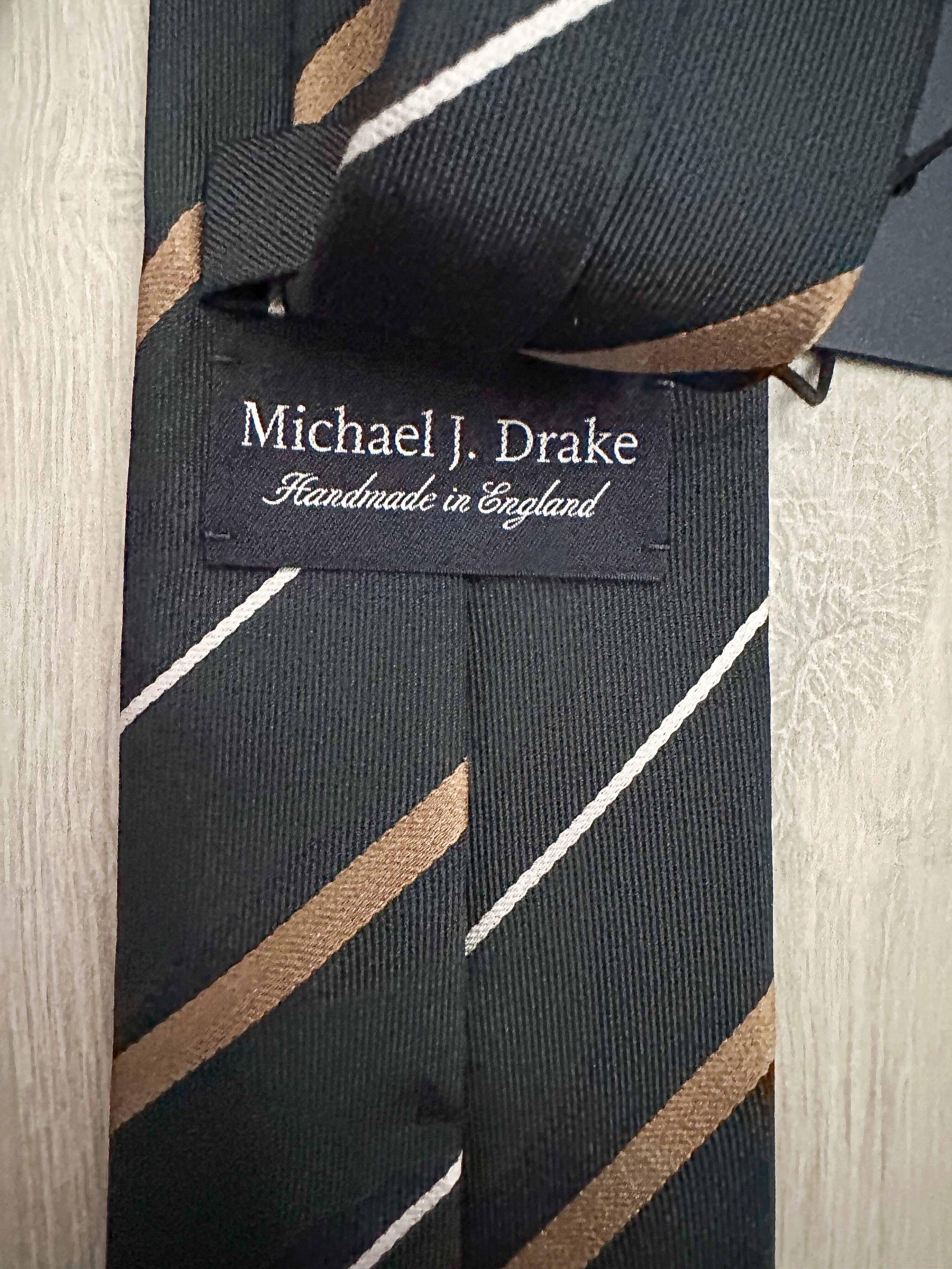 Drake's Michael J. Drake Repp Green Gold White Striped Silk Tie - House Of Huntington