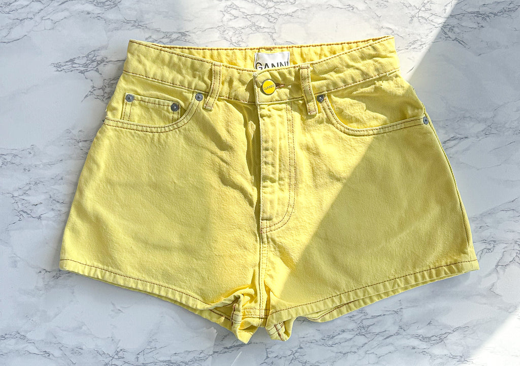Ganni Yellow Denim Logo Shorts