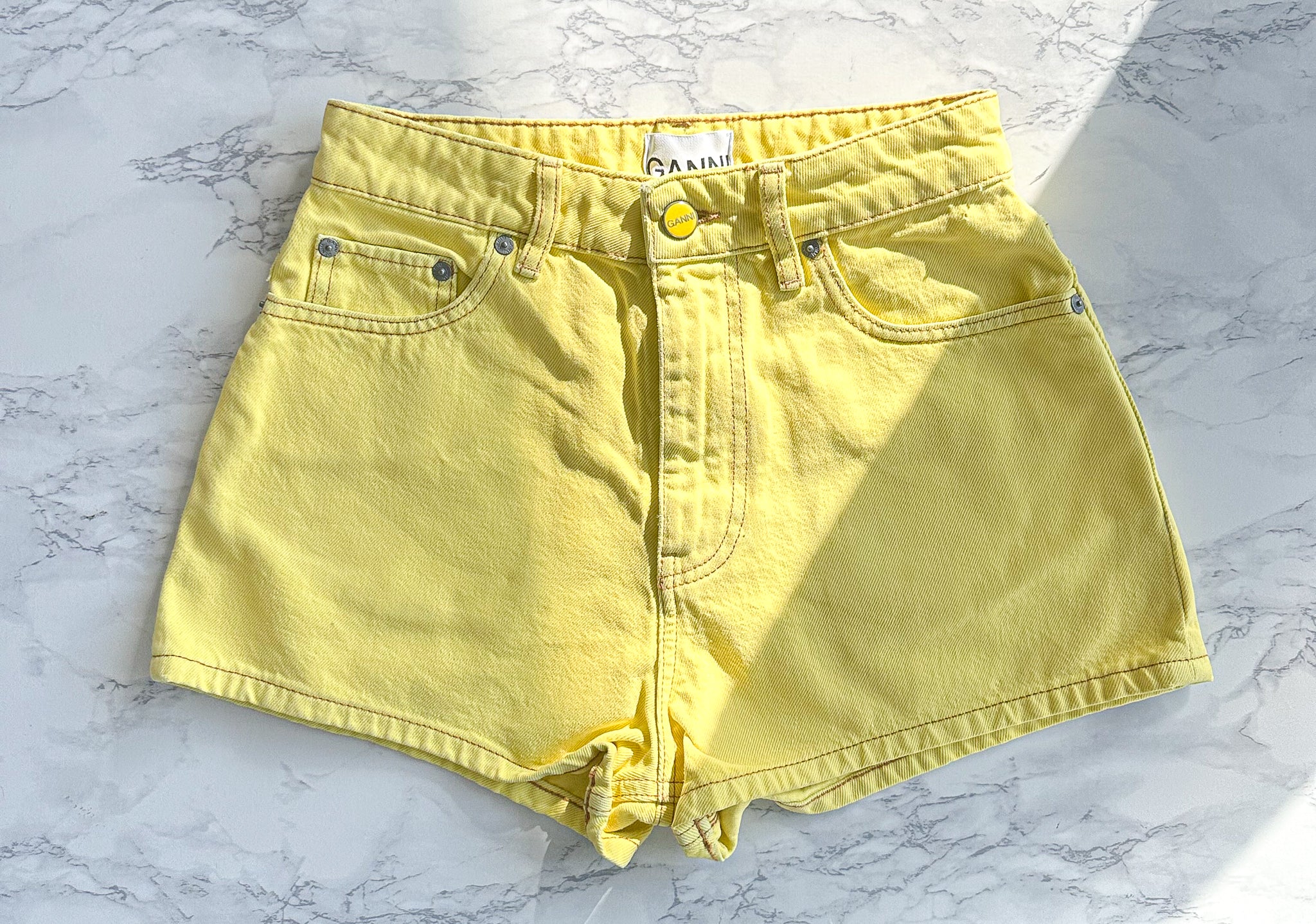 Ganni Yellow Denim Logo Shorts