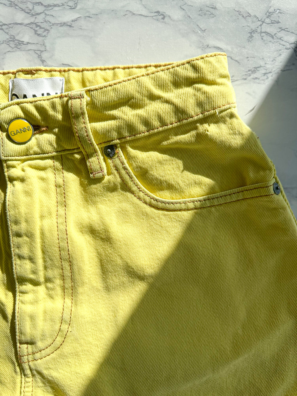 Ganni Yellow Denim Logo Shorts