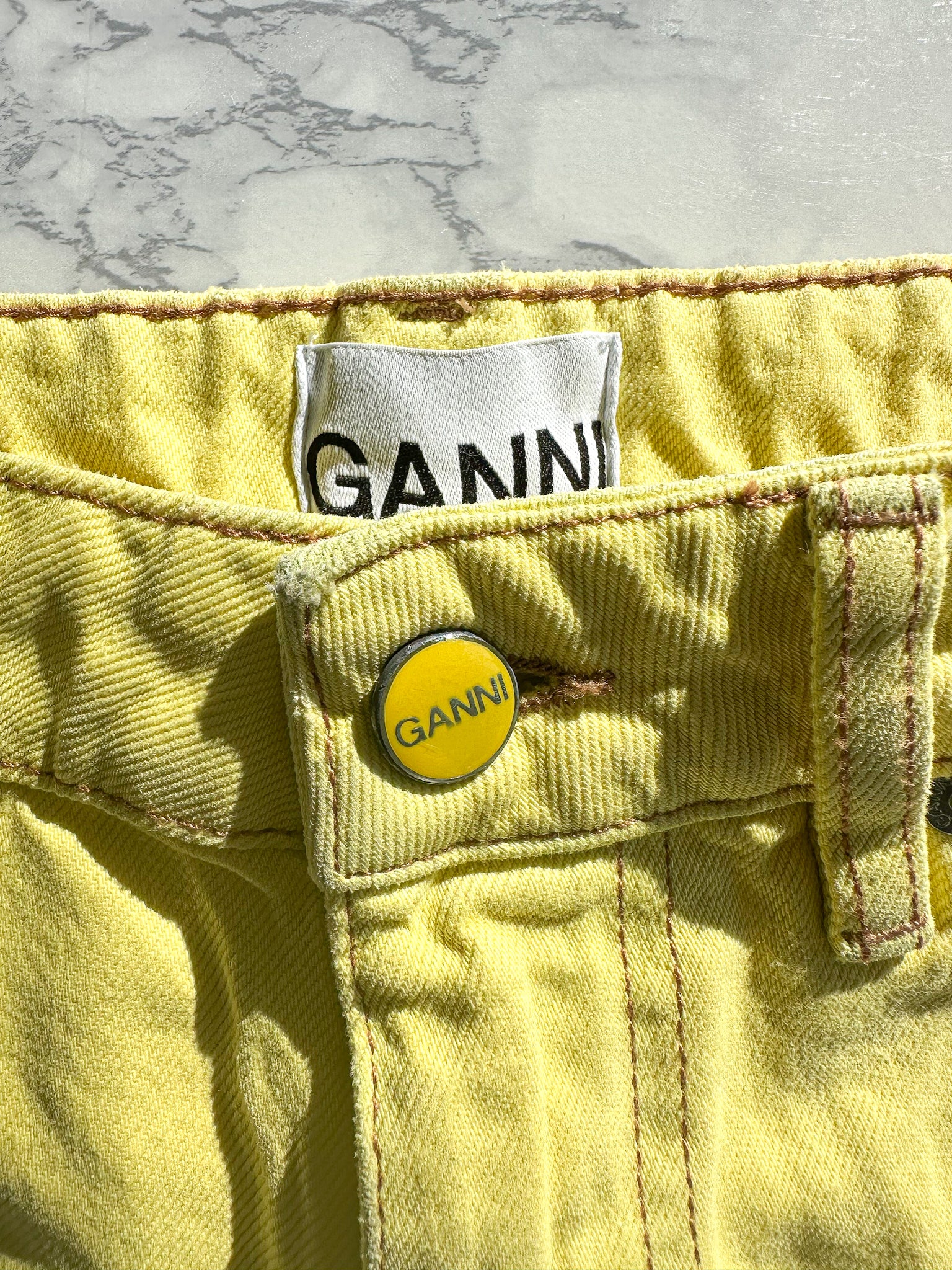 Ganni Yellow Denim Logo Shorts
