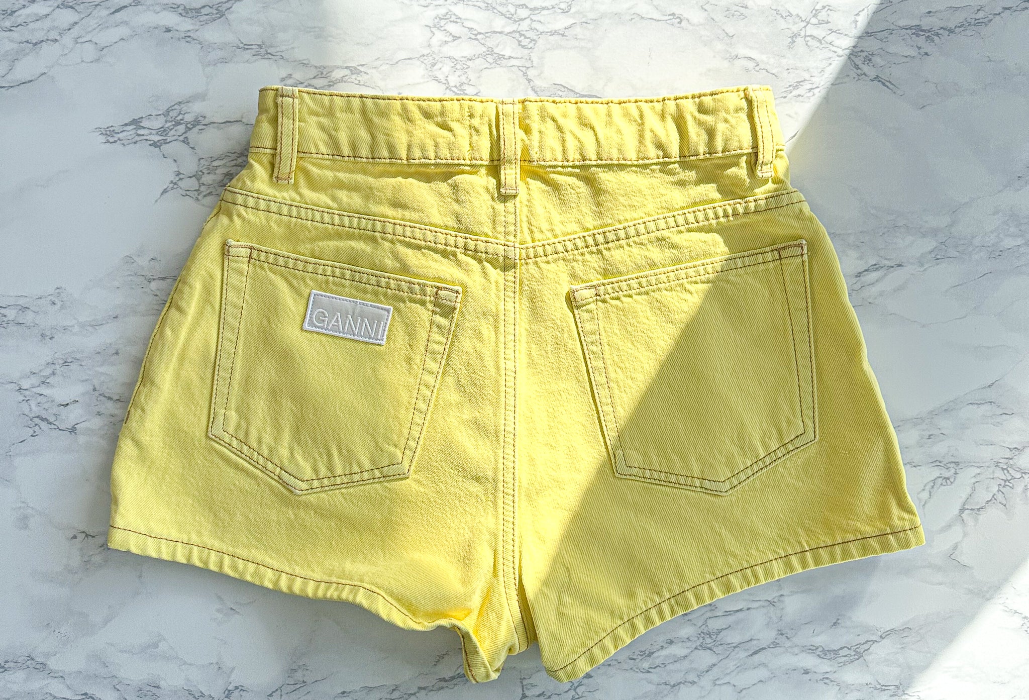 Ganni Yellow Denim Logo Shorts