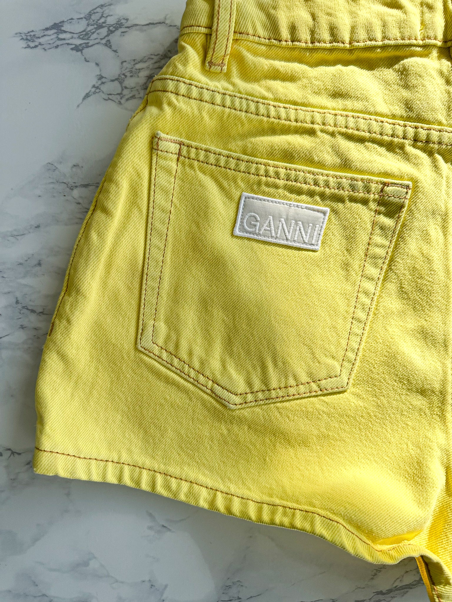 Ganni Yellow Denim Logo Shorts