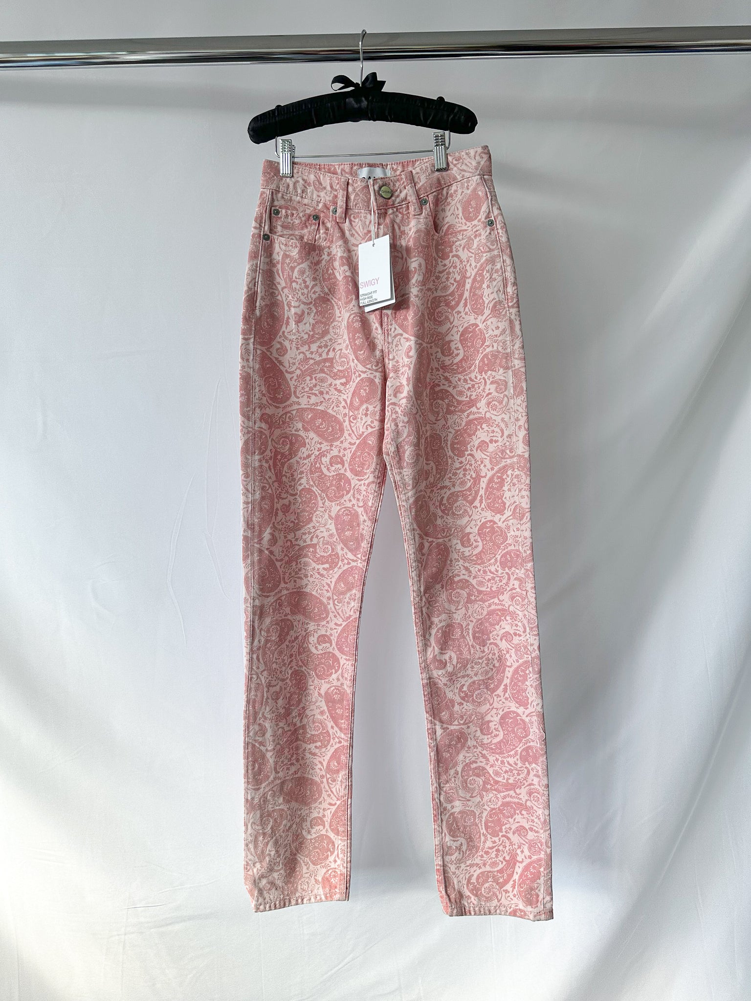 Ganni Pink Paisley-Print Organic Swigy Straight-Leg Jeans