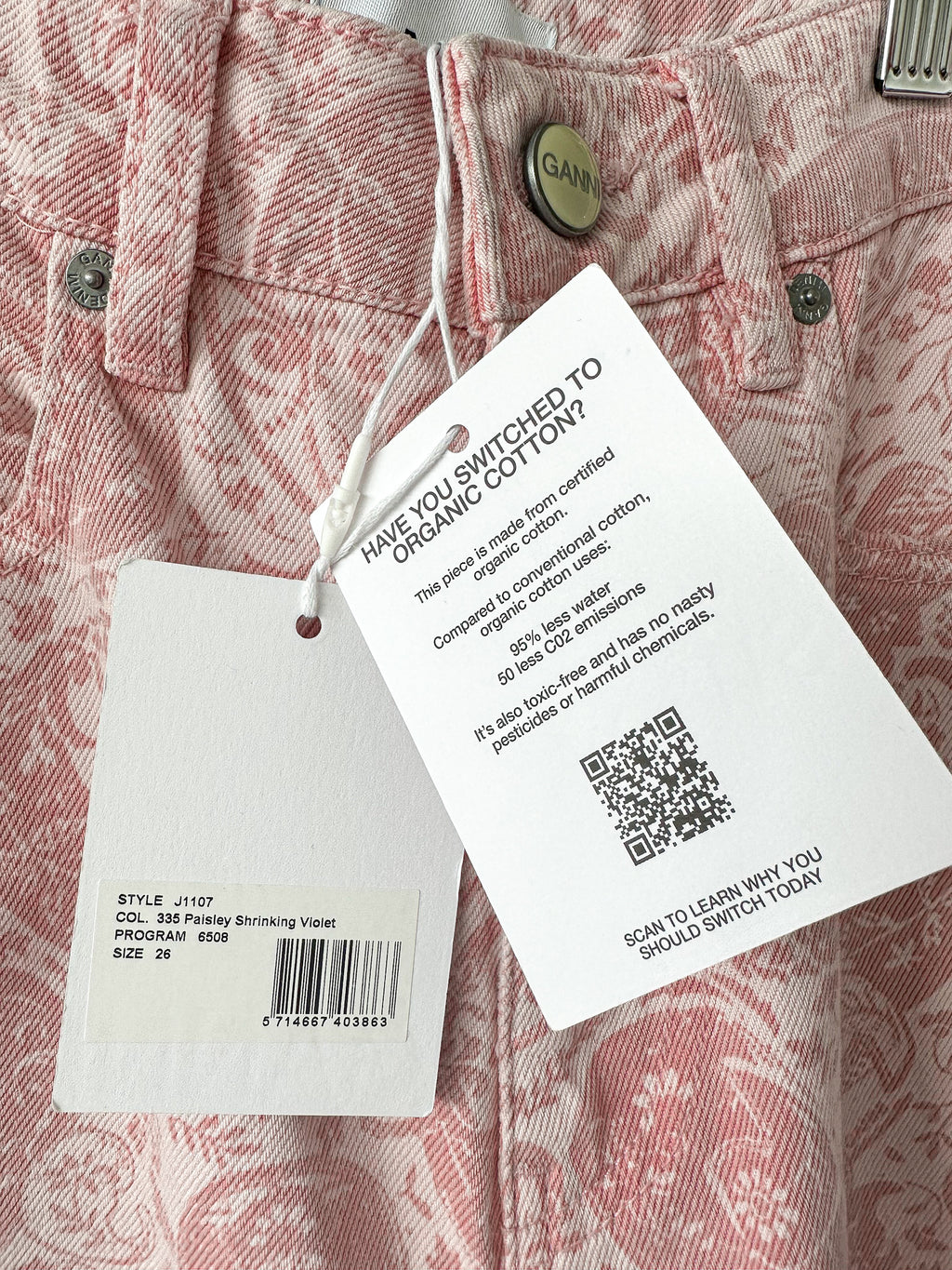 Ganni Pink Paisley-Print Organic Swigy Straight-Leg Jeans