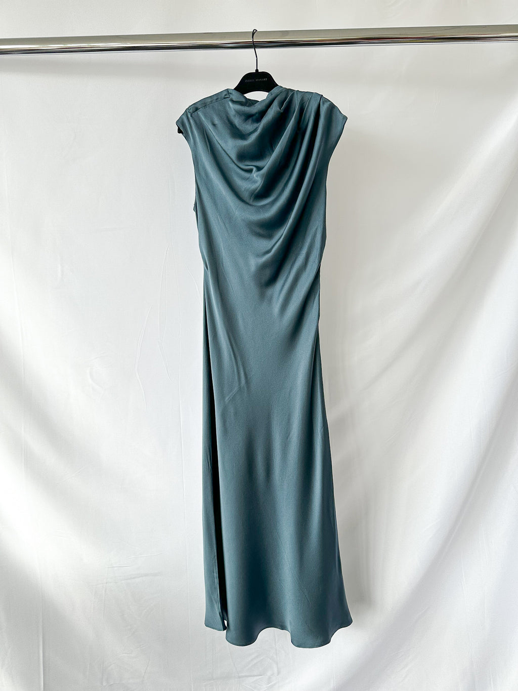 Anine Bing Samantha Draped Mock Neck Silk Satin Steel Blue Midi Dress