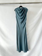 Anine Bing Samantha Draped Mock Neck Silk Satin Steel Blue Midi Dress