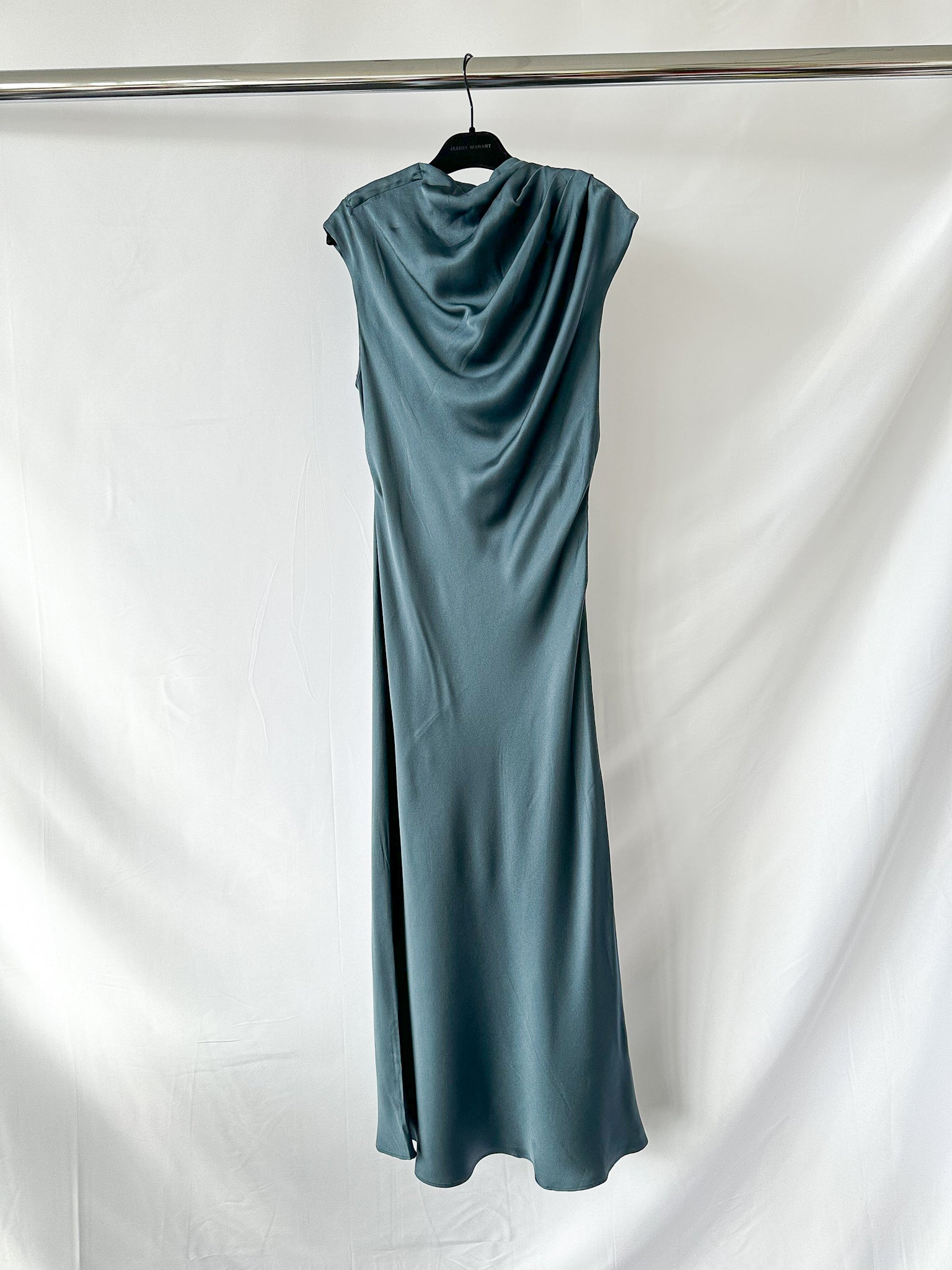 Anine Bing Samantha Draped Mock Neck Silk Satin Steel Blue Midi Dress