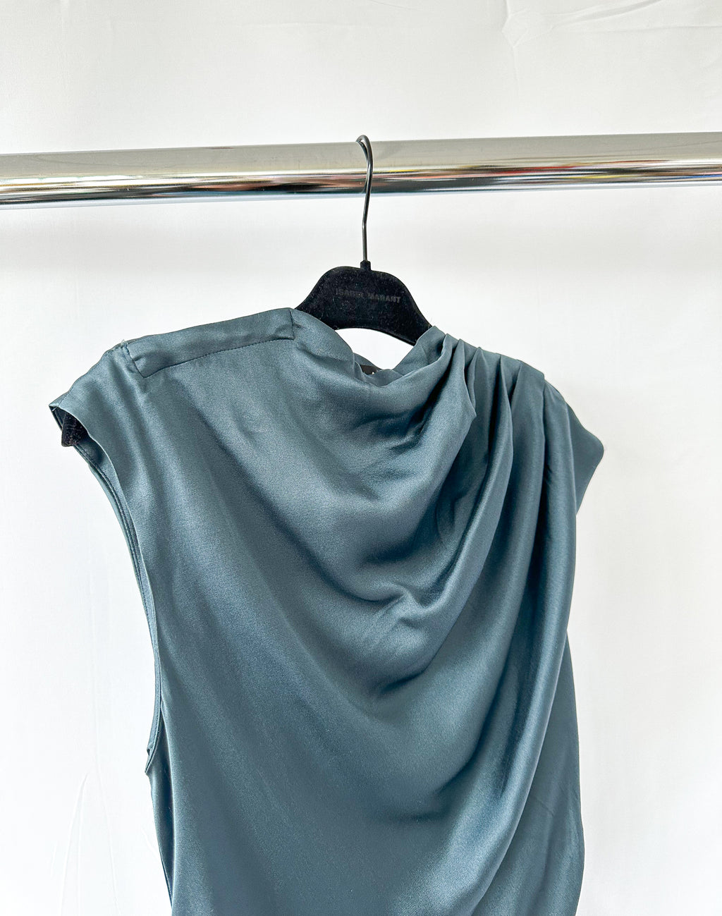 Anine Bing Samantha Draped Mock Neck Silk Satin Steel Blue Midi Dress