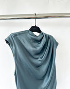 Anine Bing Samantha Draped Mock Neck Silk Satin Steel Blue Midi Dress