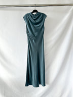 Anine Bing Samantha Draped Mock Neck Silk Satin Steel Blue Midi Dress