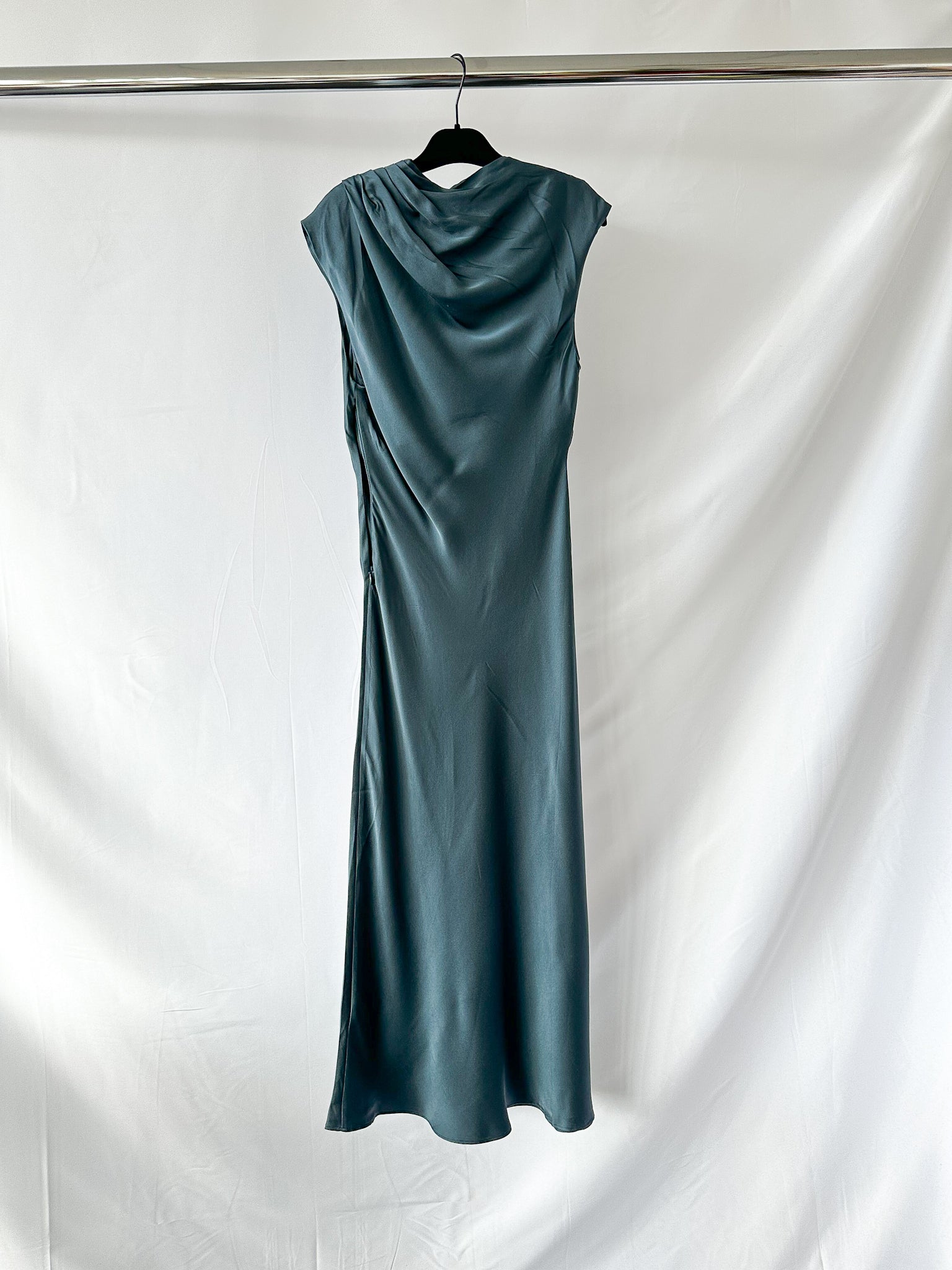 Anine Bing Samantha Draped Mock Neck Silk Satin Steel Blue Midi Dress