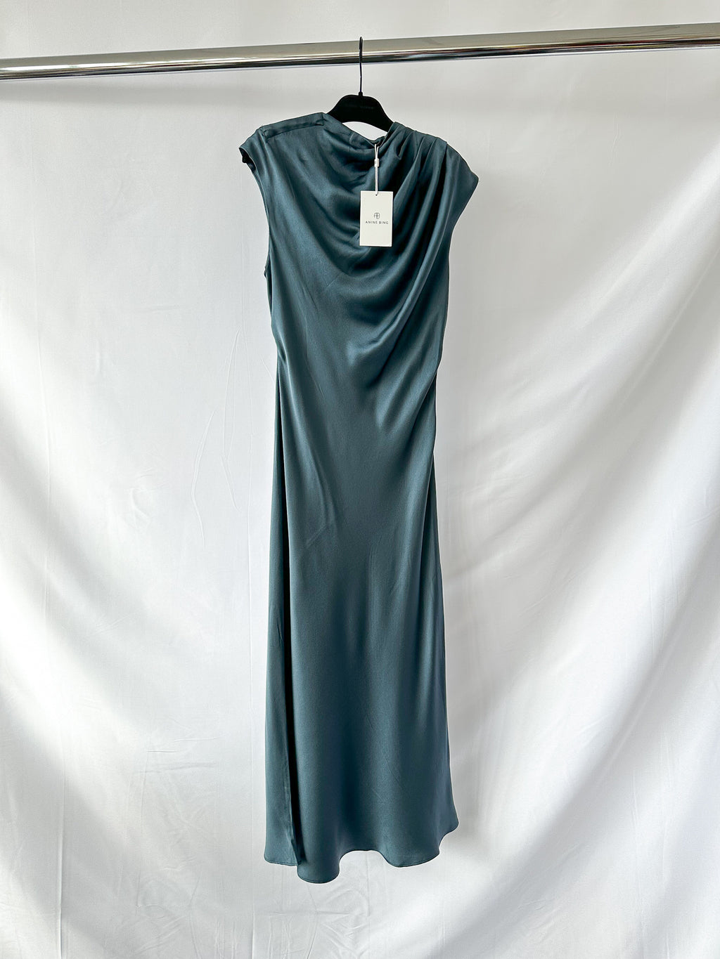 Anine Bing Samantha Draped Mock Neck Silk Satin Steel Blue Midi Dress