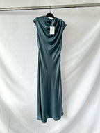 Anine Bing Samantha Draped Mock Neck Silk Satin Steel Blue Midi Dress