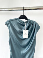 Anine Bing Samantha Draped Mock Neck Silk Satin Steel Blue Midi Dress