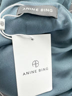 Anine Bing Samantha Draped Mock Neck Silk Satin Steel Blue Midi Dress