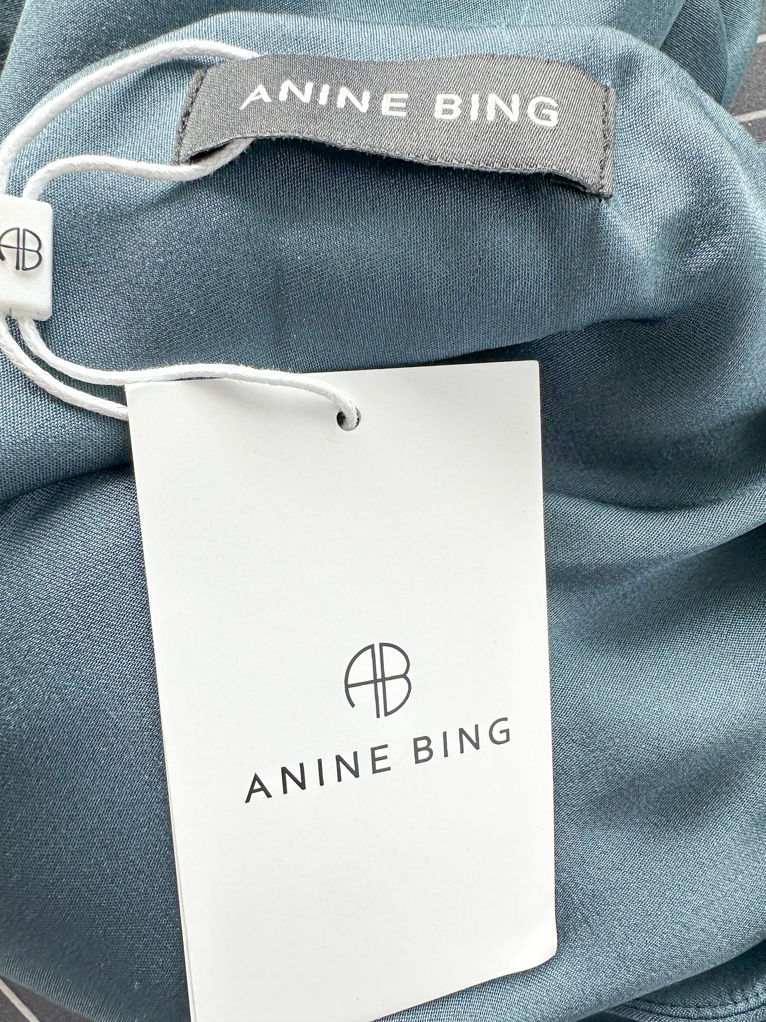 Anine Bing Samantha Draped Mock Neck Silk Satin Steel Blue Midi Dress