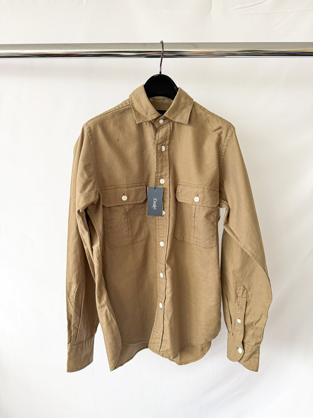 Drake's Double Pocket Brushed Cotton Khaki Shirt