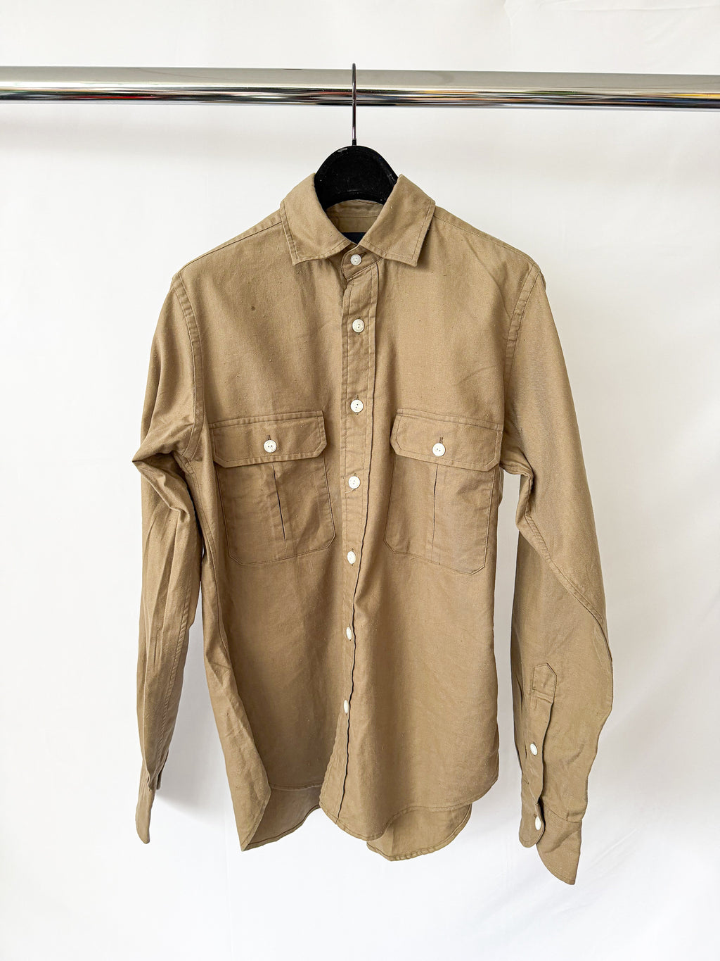 Drake's Double Pocket Brushed Cotton Khaki Shirt