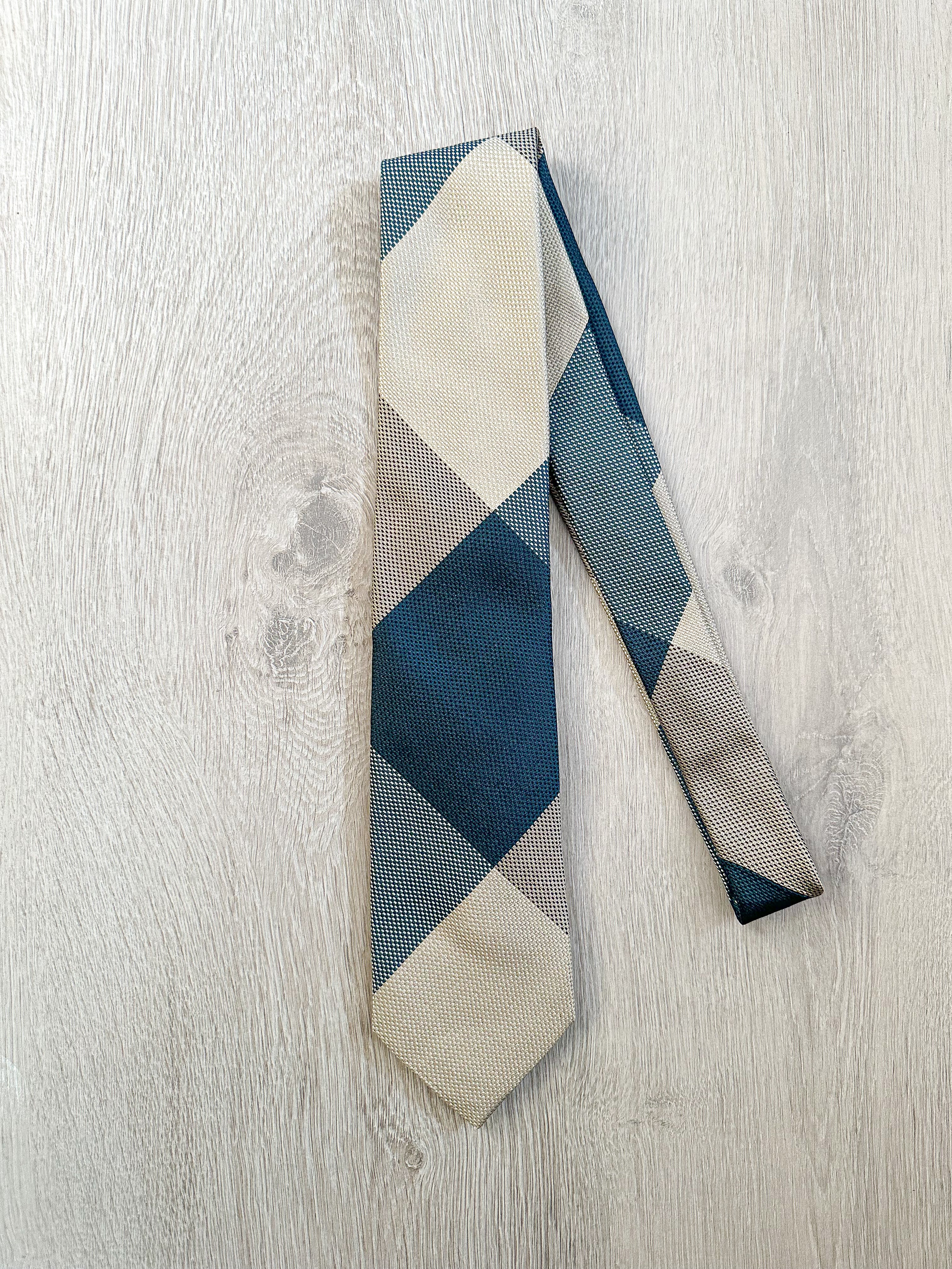 Drake's Michael J. Drake Grenadine Silk Teal Grey Colour Block Tie - House Of Huntington