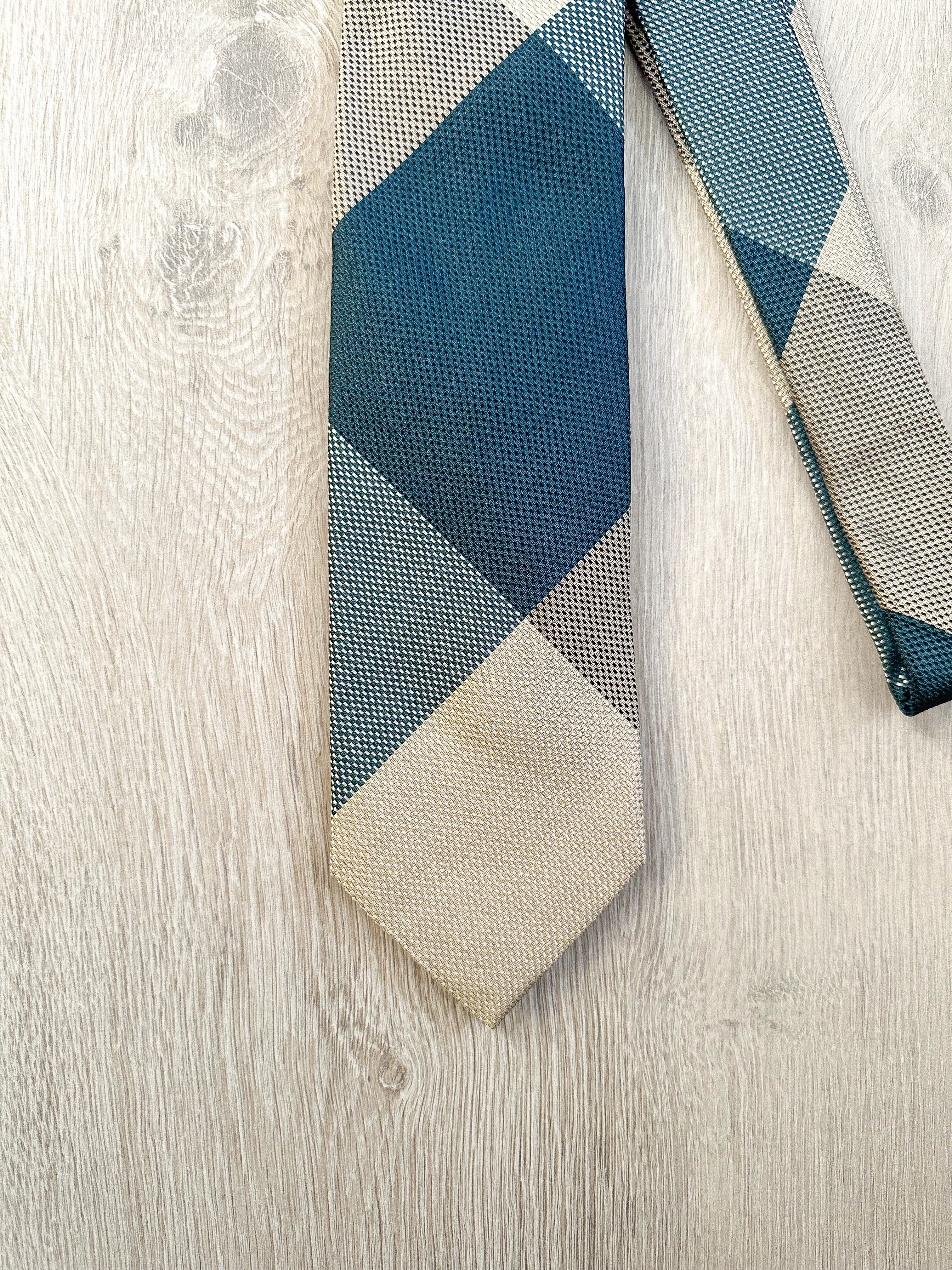 Drake's Michael J. Drake Grenadine Silk Teal Grey Colour Block Tie - House Of Huntington